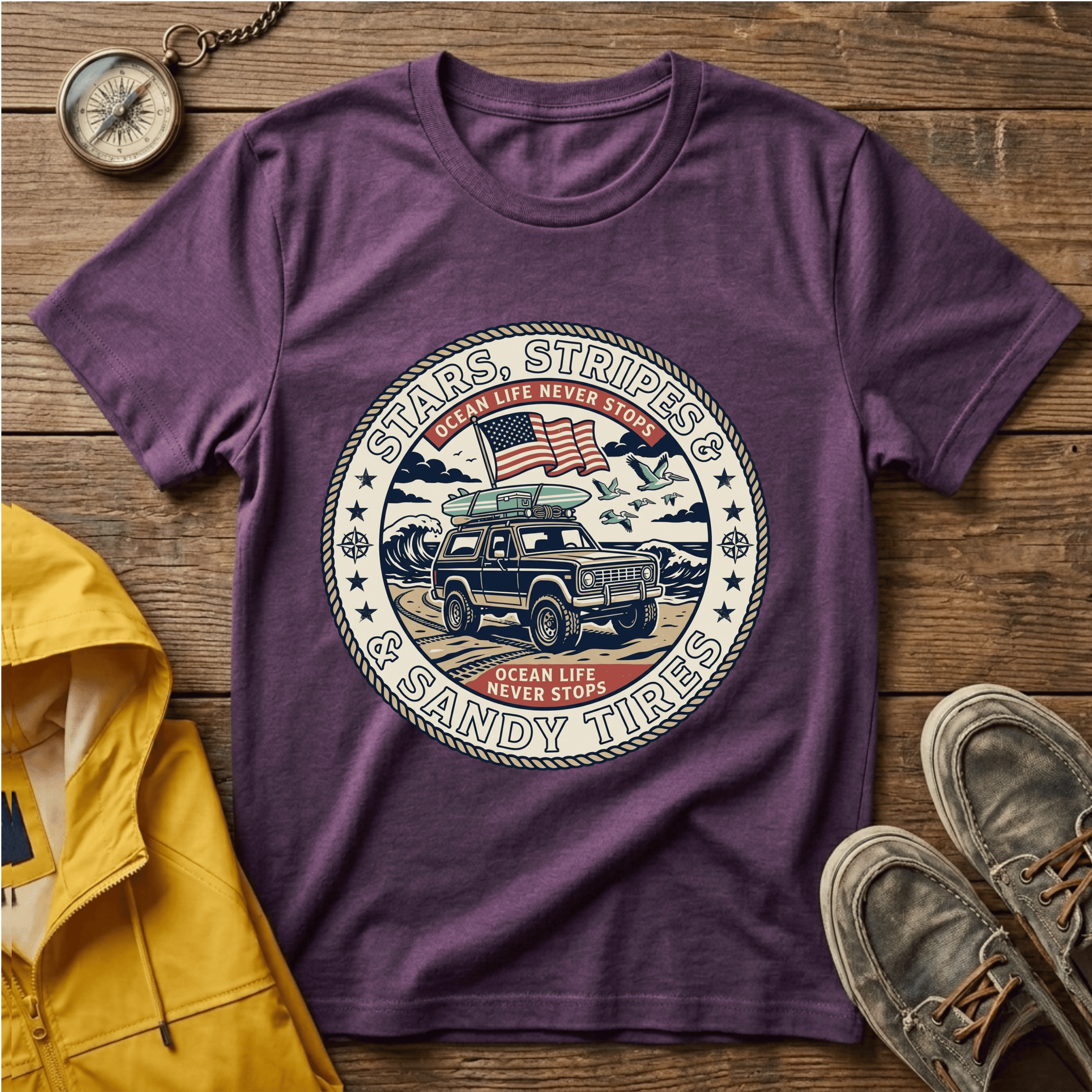 Stars & Stripes Beach Truck T-Shirt — "Ocean Life Never Stops" Vintage Surf Tee