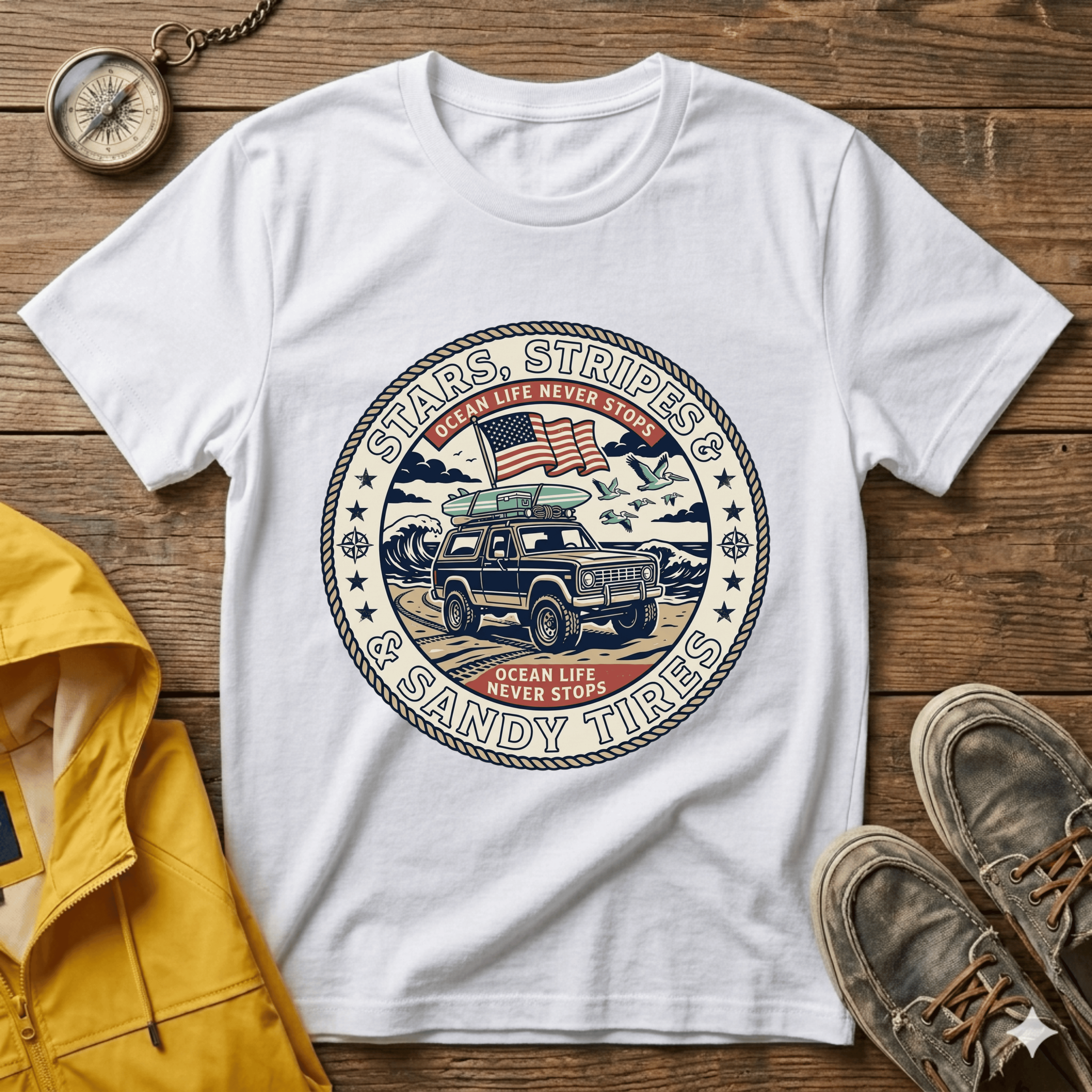 Stars & Stripes Beach Truck T-Shirt — "Ocean Life Never Stops" Vintage Surf Tee