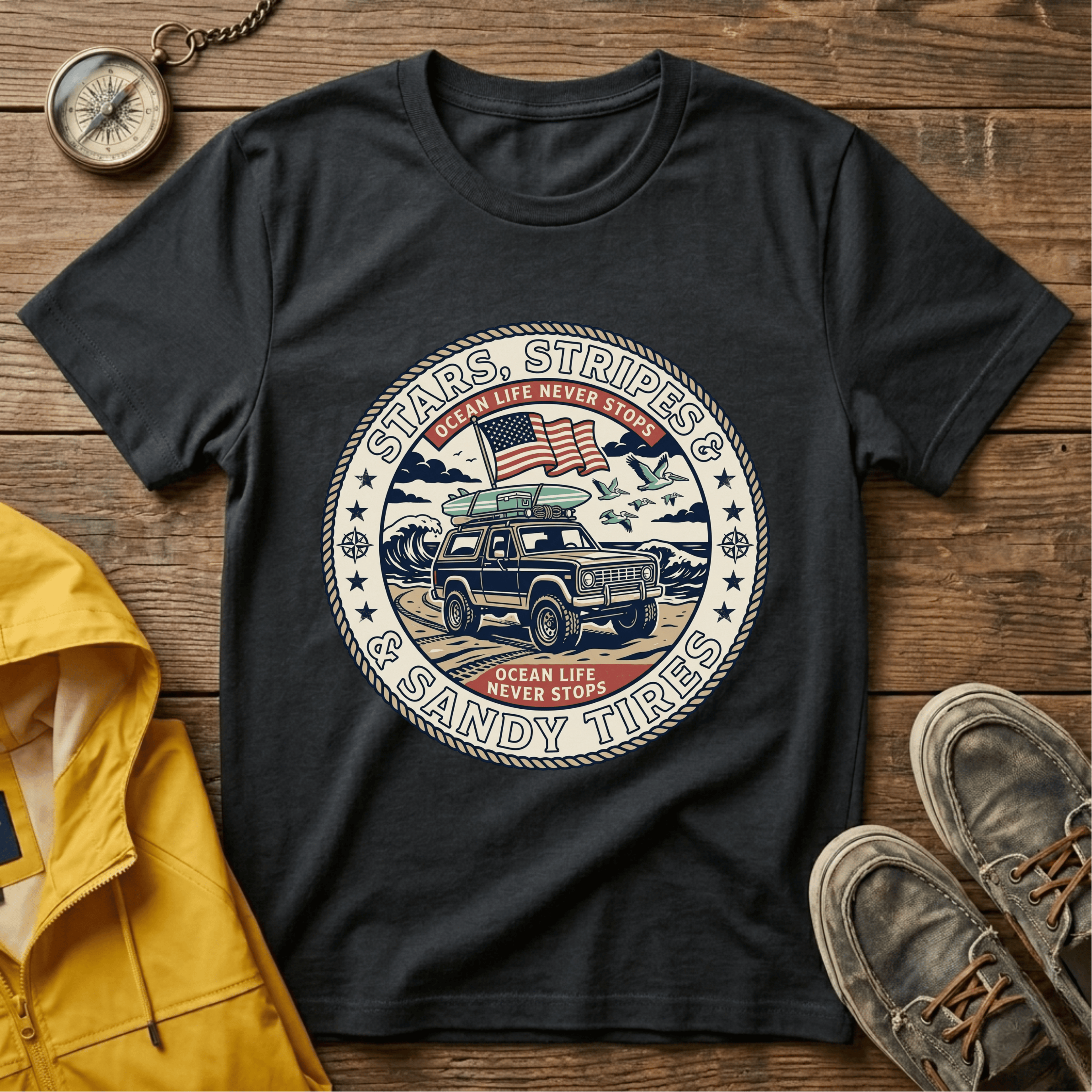 Stars & Stripes Beach Truck T-Shirt — "Ocean Life Never Stops" Vintage Surf Tee