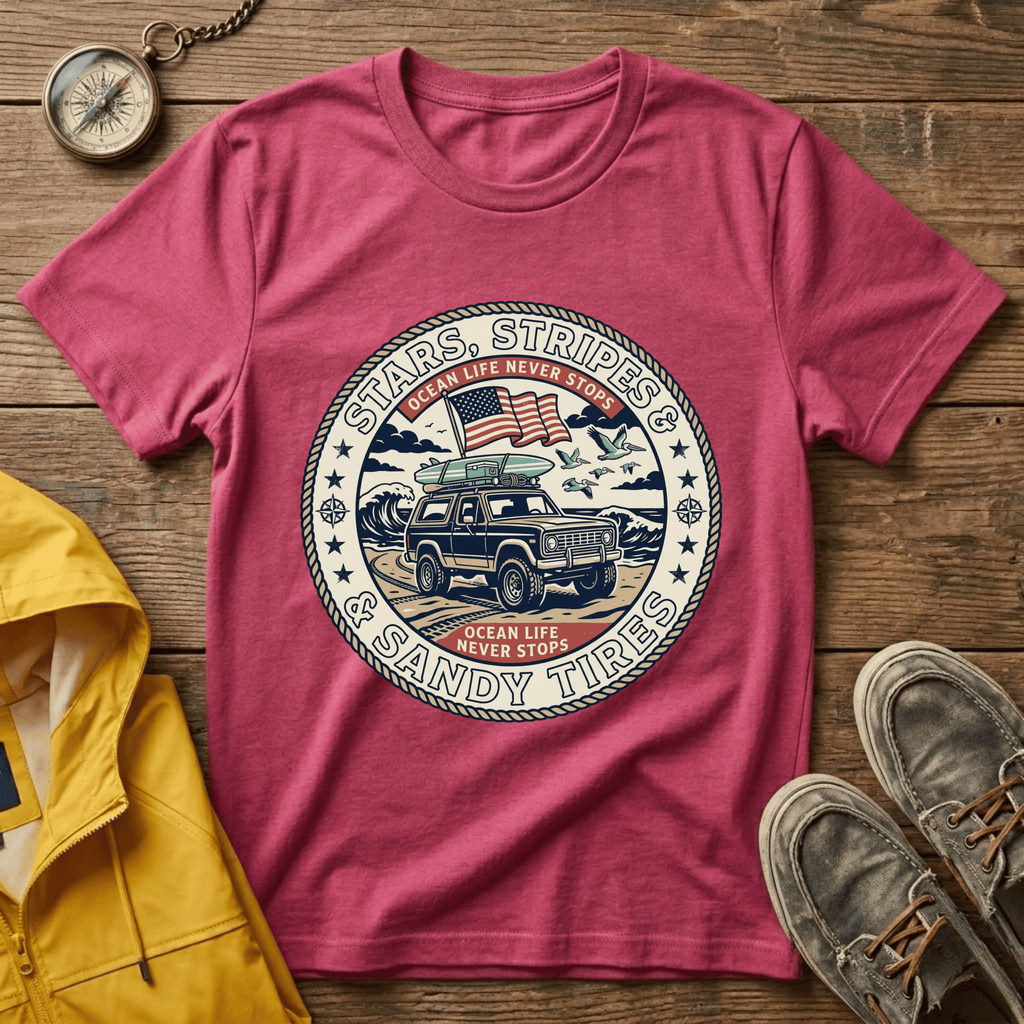 Stars & Stripes Beach Truck T-Shirt — "Ocean Life Never Stops" Vintage Surf Tee