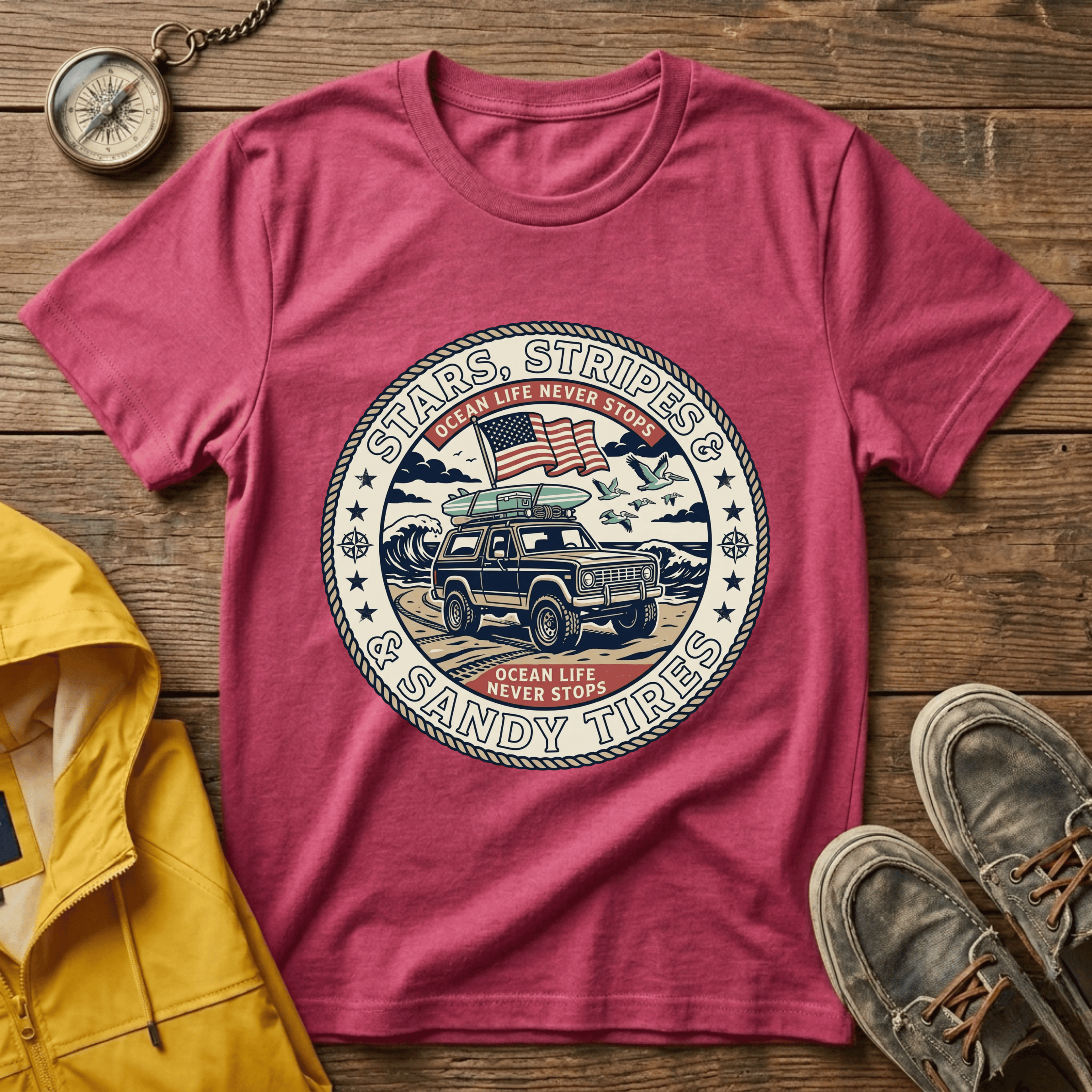 Stars & Stripes Beach Truck T-Shirt — "Ocean Life Never Stops" Vintage Surf Tee