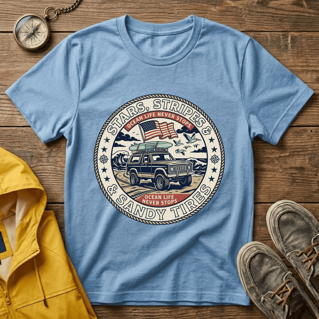 Stars & Stripes Beach Truck T-Shirt — "Ocean Life Never Stops" Vintage Surf Tee