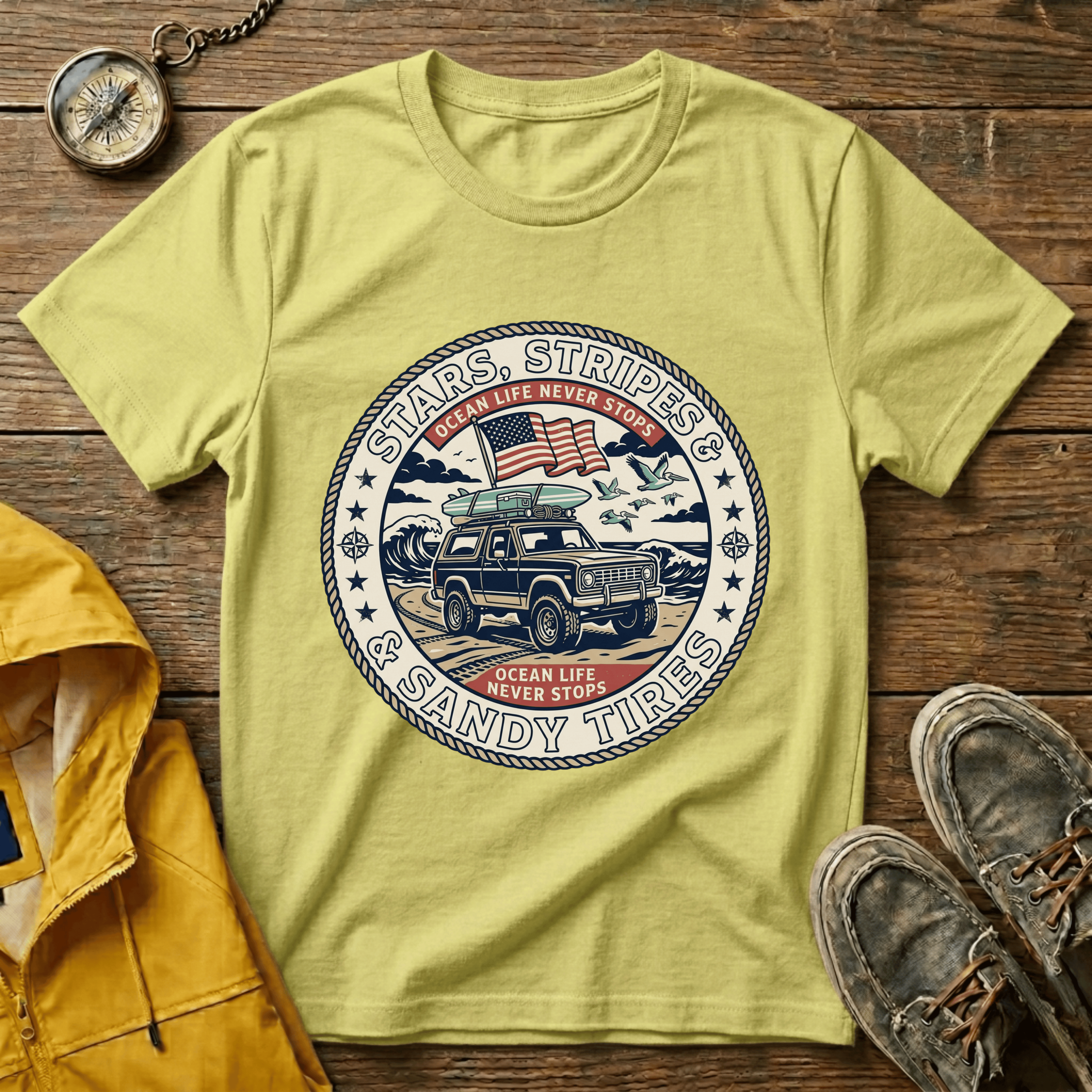 Stars & Stripes Beach Truck T-Shirt — "Ocean Life Never Stops" Vintage Surf Tee