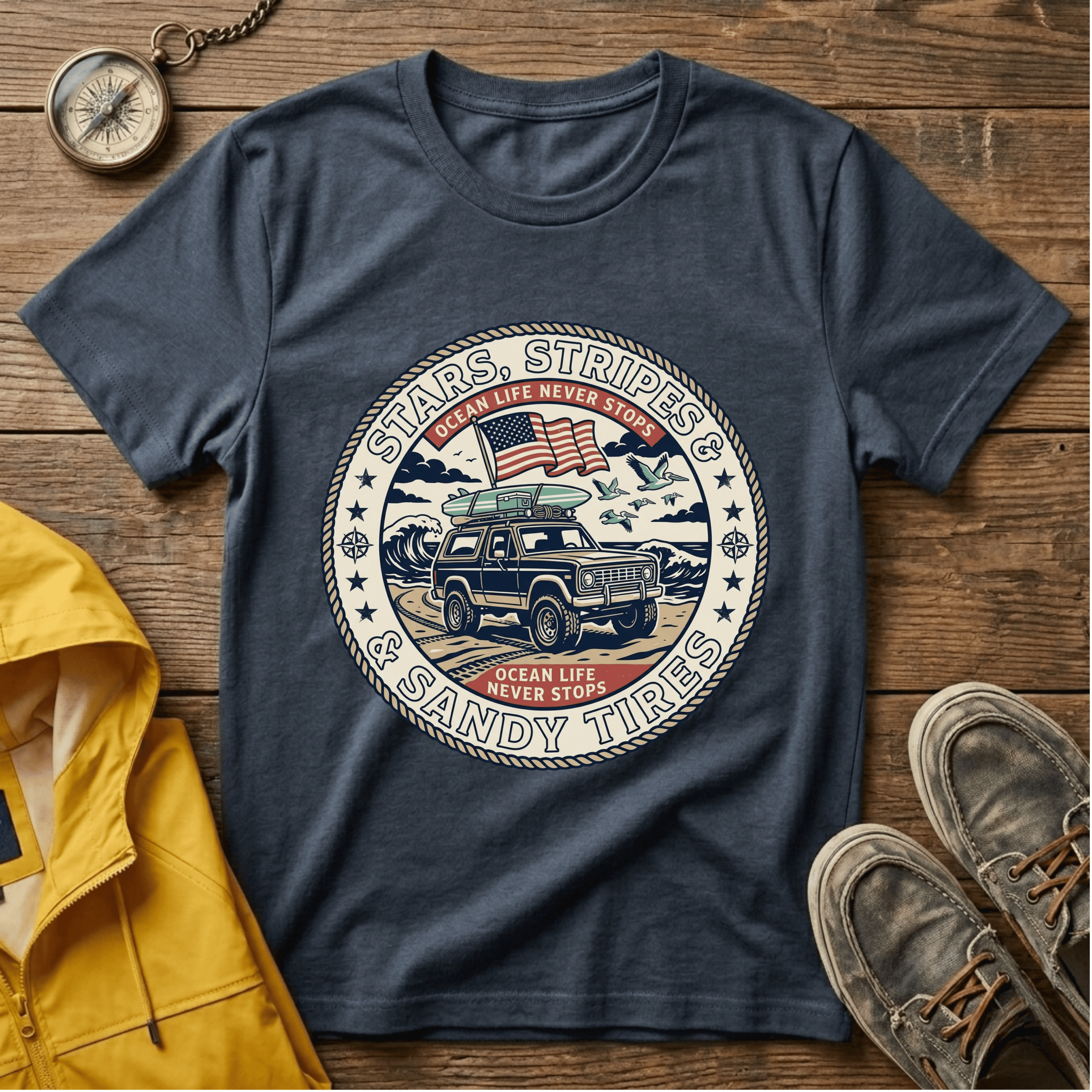 Stars & Stripes Beach Truck T-Shirt — "Ocean Life Never Stops" Vintage Surf Tee