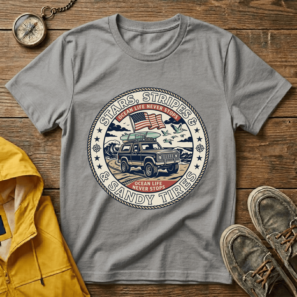 Stars & Stripes Beach Truck T-Shirt — "Ocean Life Never Stops" Vintage Surf Tee