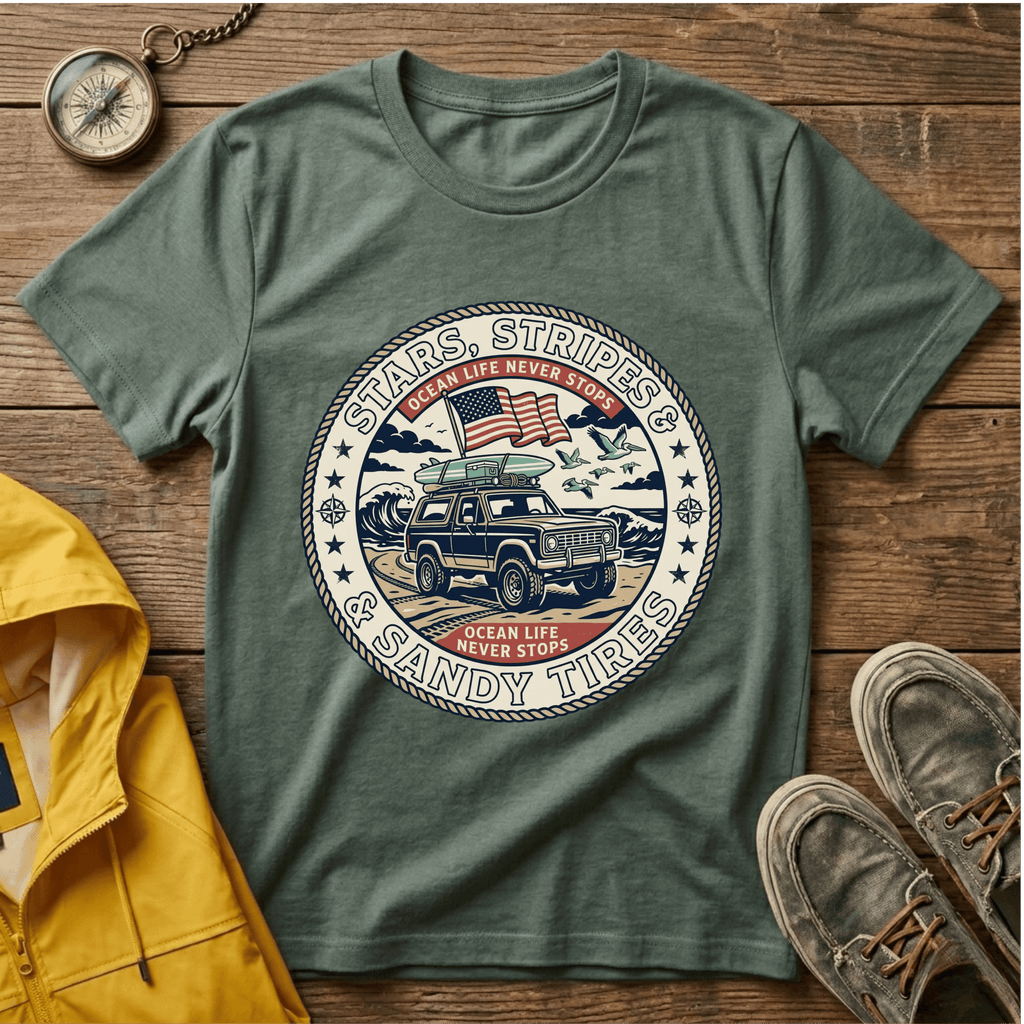 Stars & Stripes Beach Truck T-Shirt — "Ocean Life Never Stops" Vintage Surf Tee
