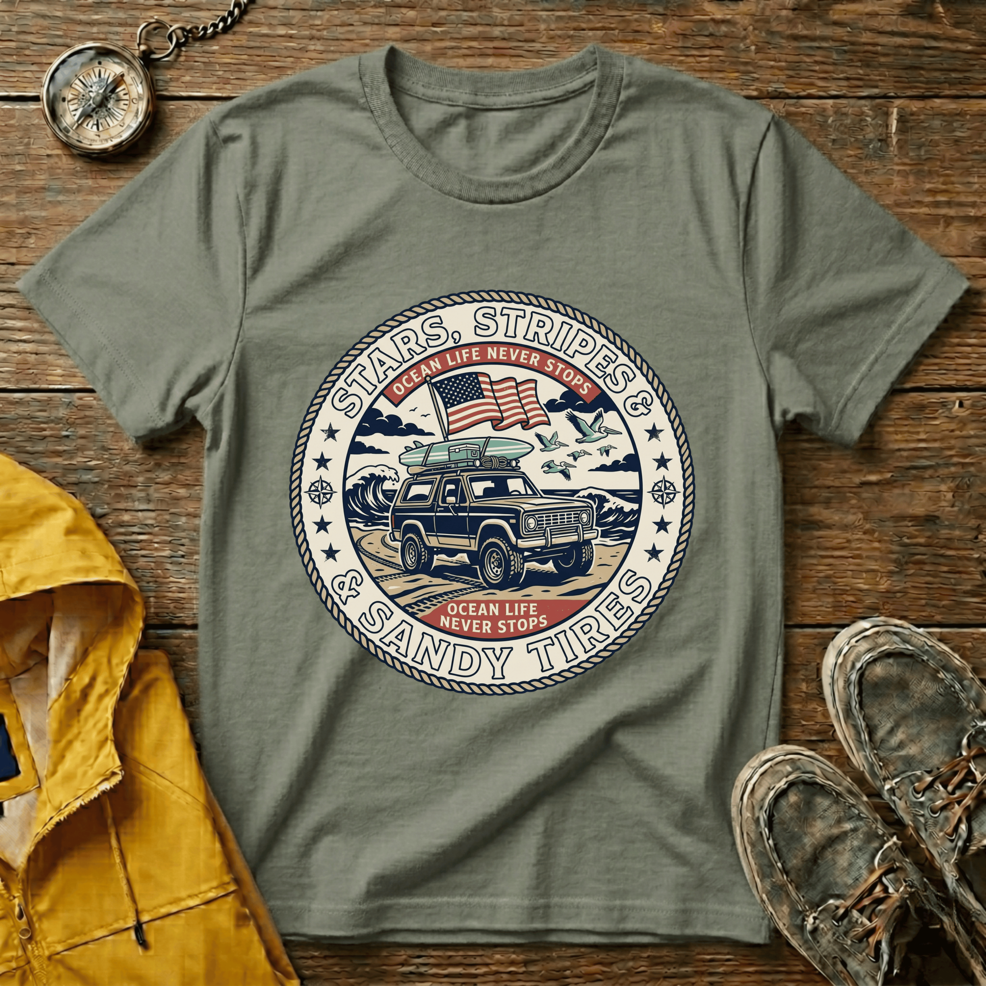 Stars & Stripes Beach Truck T-Shirt — "Ocean Life Never Stops" Vintage Surf Tee