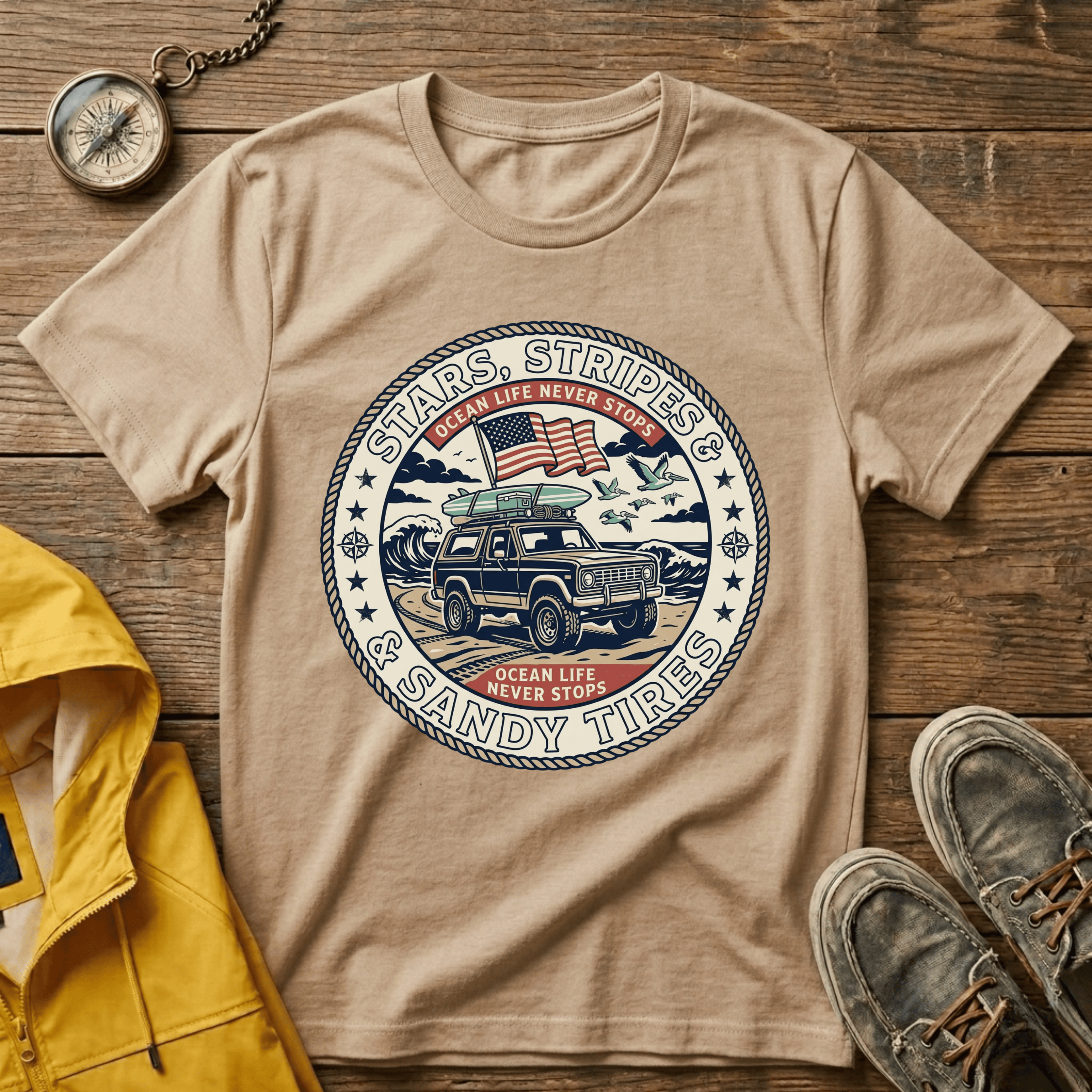 Stars & Stripes Beach Truck T-Shirt — "Ocean Life Never Stops" Vintage Surf Tee
