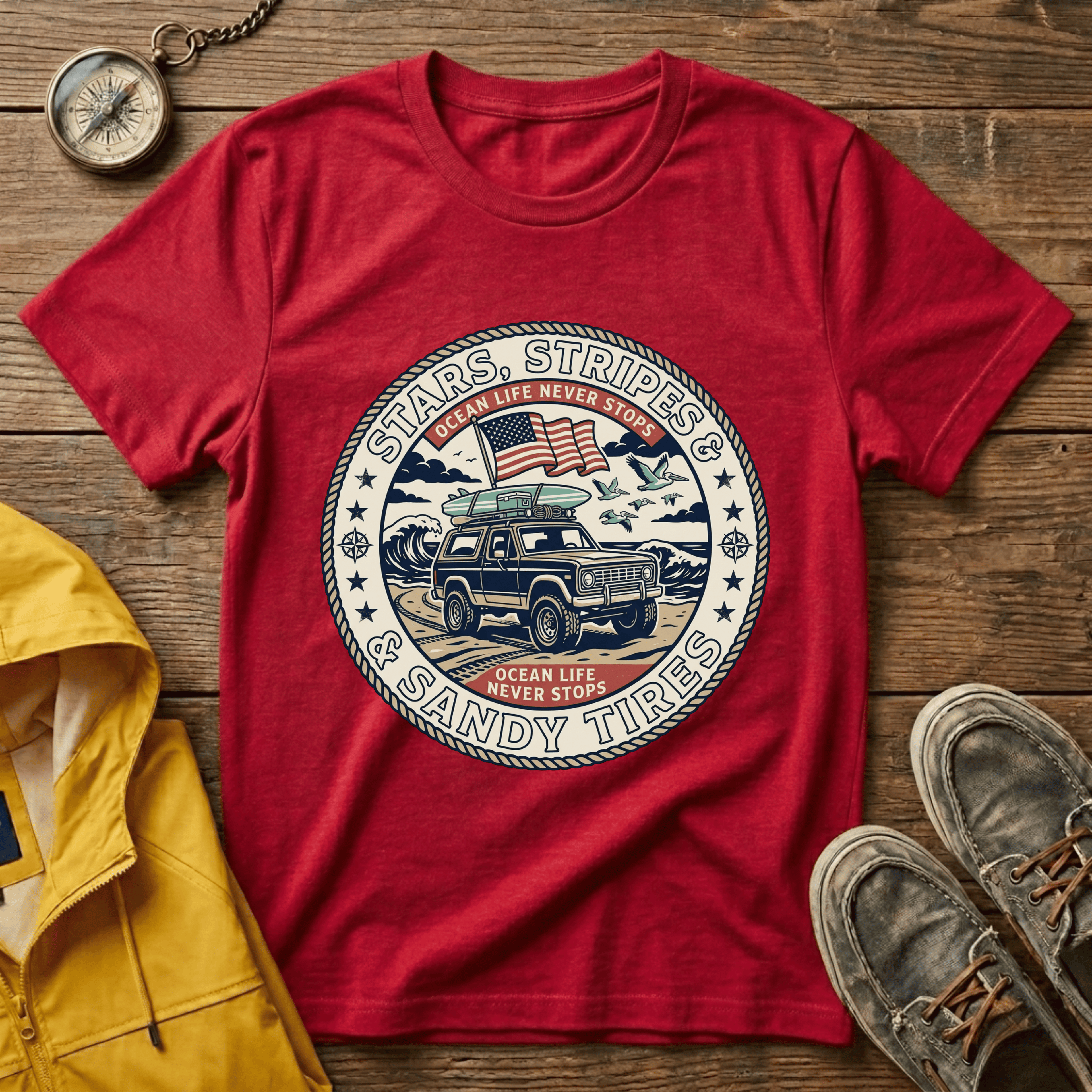 Stars & Stripes Beach Truck T-Shirt — "Ocean Life Never Stops" Vintage Surf Tee