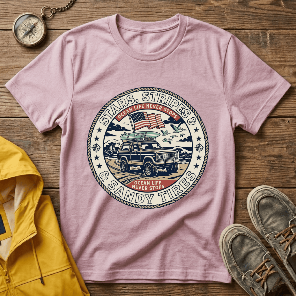 Stars & Stripes Beach Truck T-Shirt — "Ocean Life Never Stops" Vintage Surf Tee