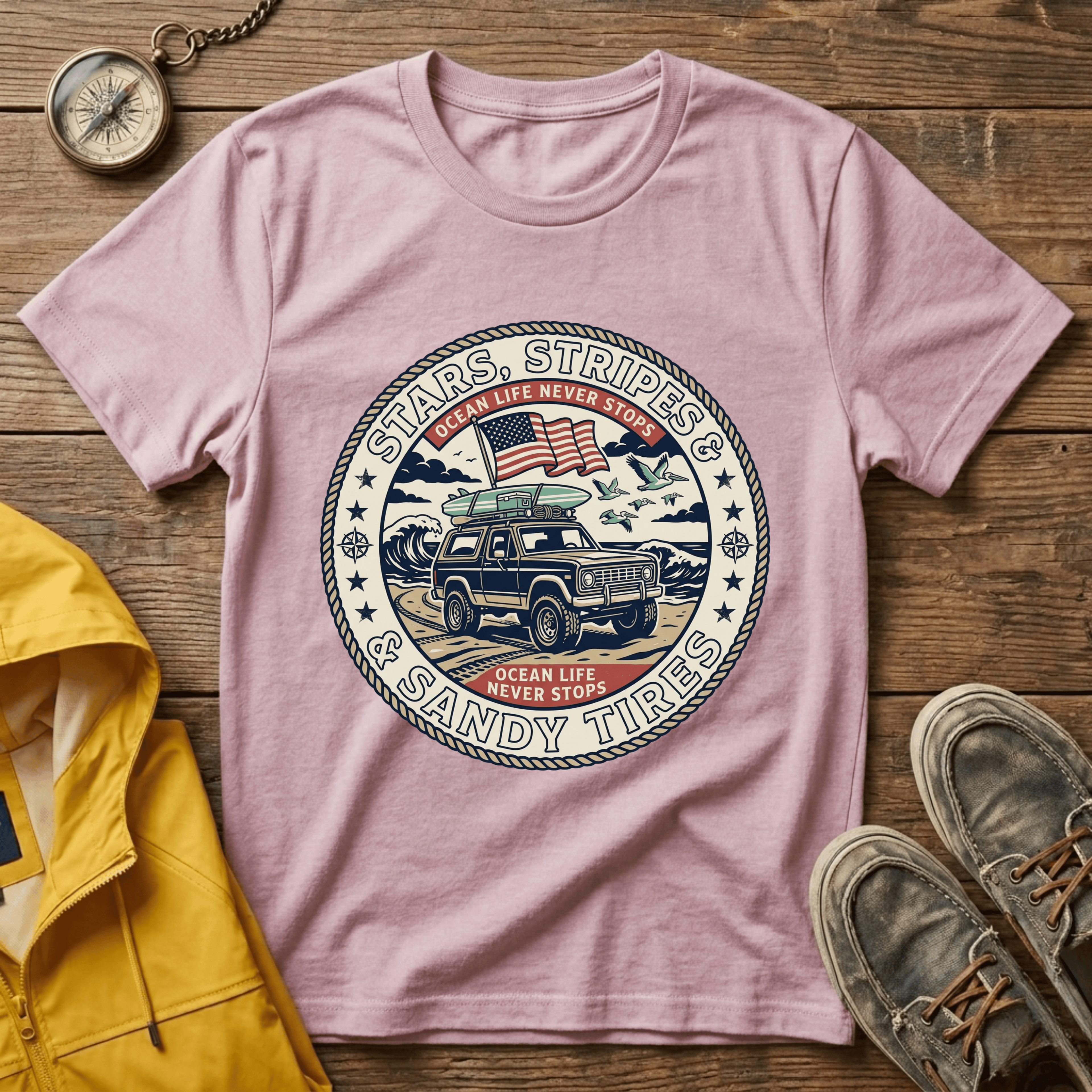 Stars & Stripes Beach Truck T-Shirt — "Ocean Life Never Stops" Vintage Surf Tee