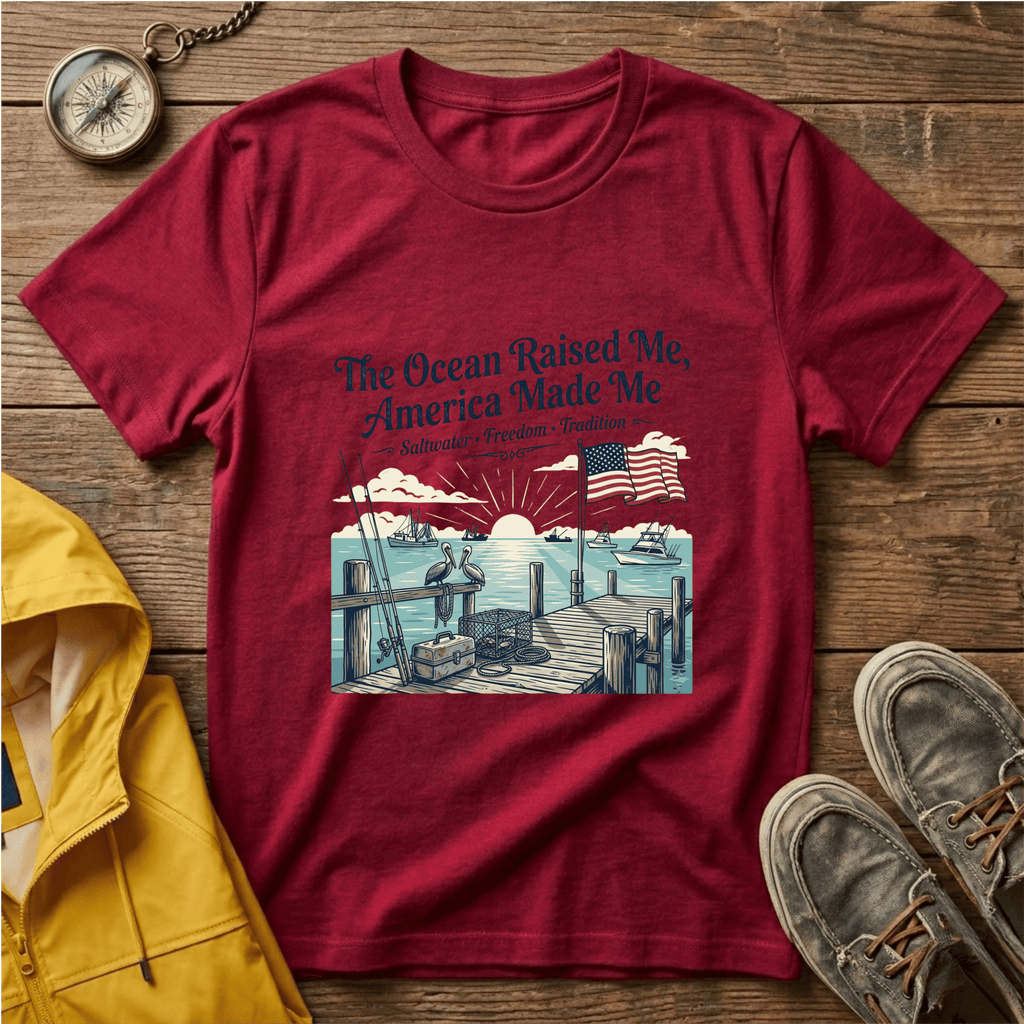 The Ocean Raised Me, America Made Me T-Shirt – Patriotic Coastal Crew Tee