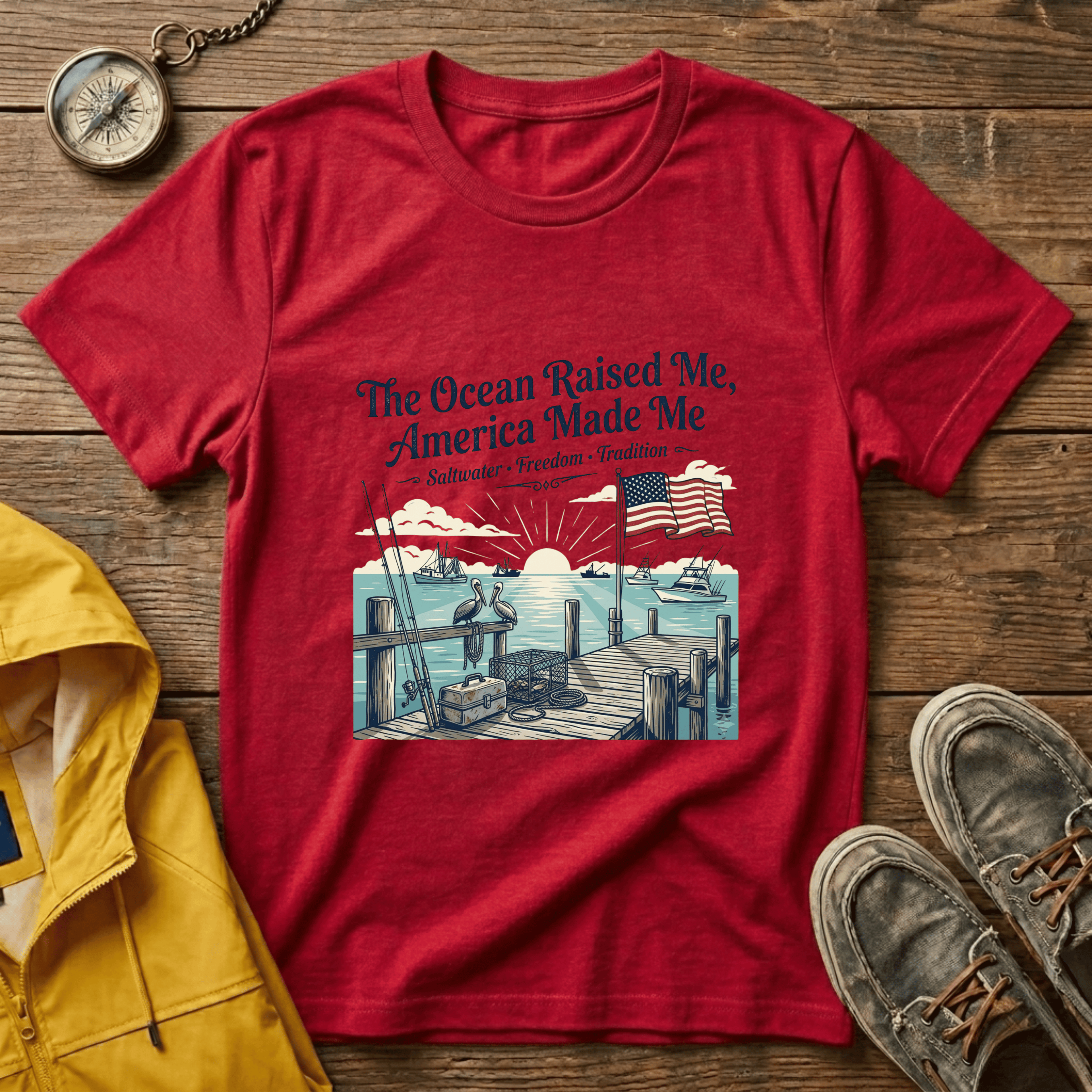 The Ocean Raised Me, America Made Me T-Shirt – Patriotic Coastal Crew Tee