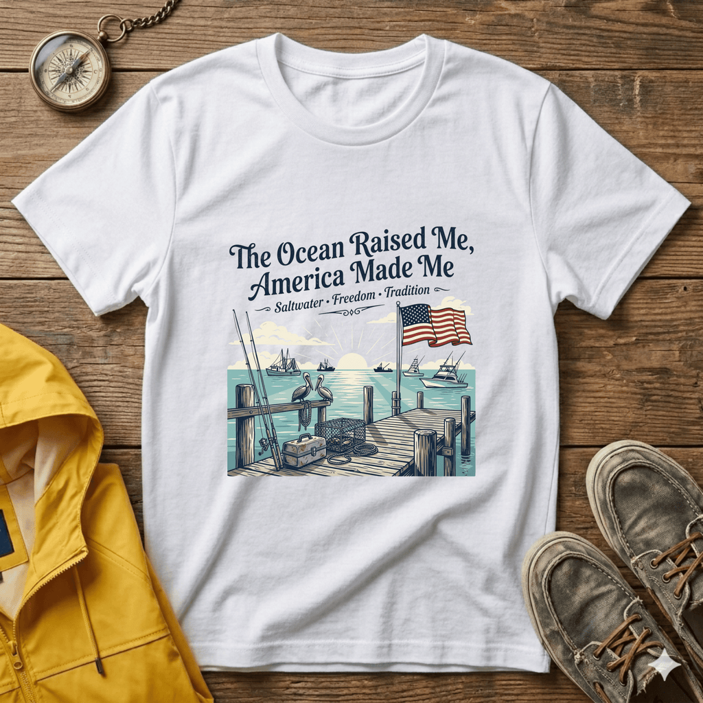 The Ocean Raised Me, America Made Me T-Shirt – Patriotic Coastal Crew Tee