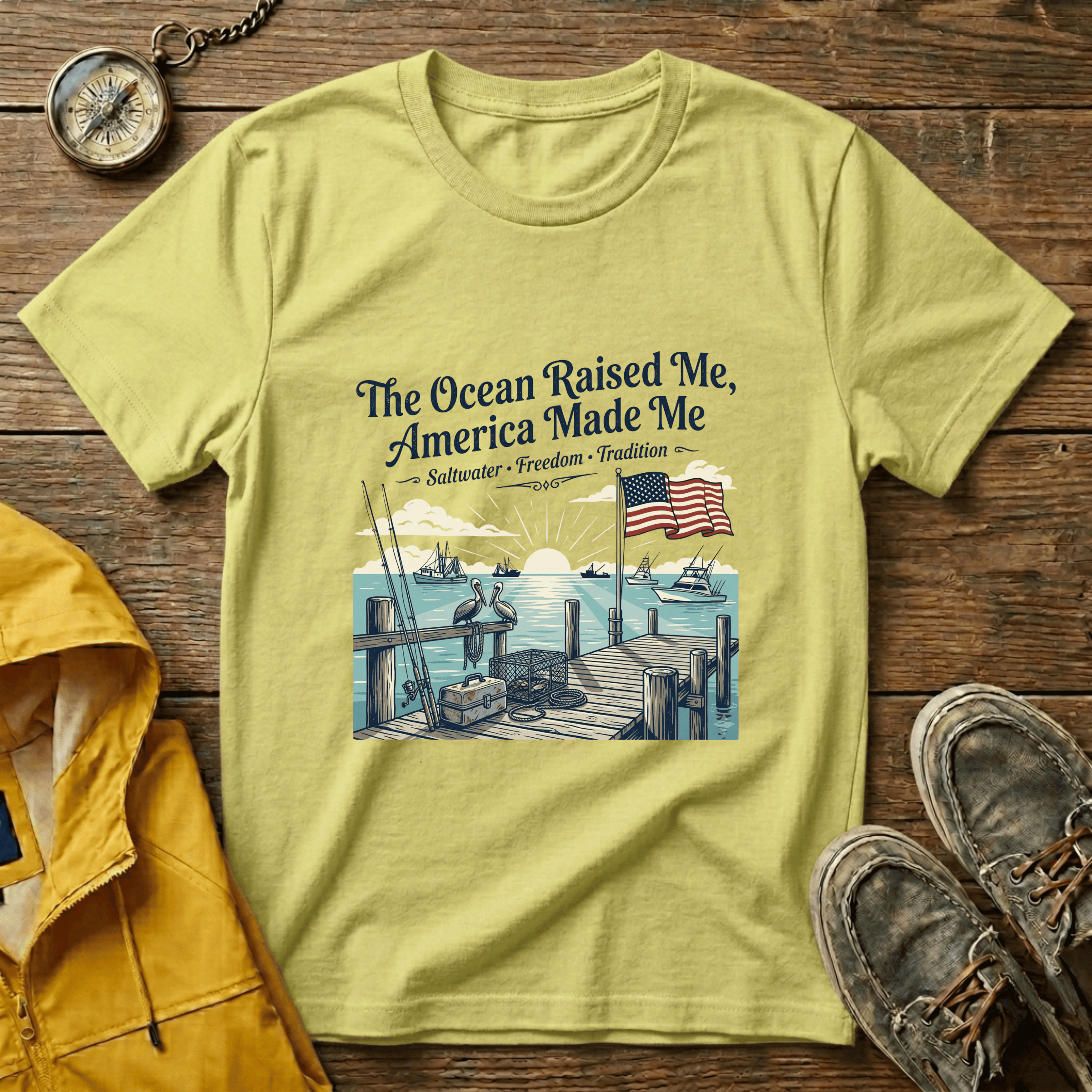 The Ocean Raised Me, America Made Me T-Shirt – Patriotic Coastal Crew Tee