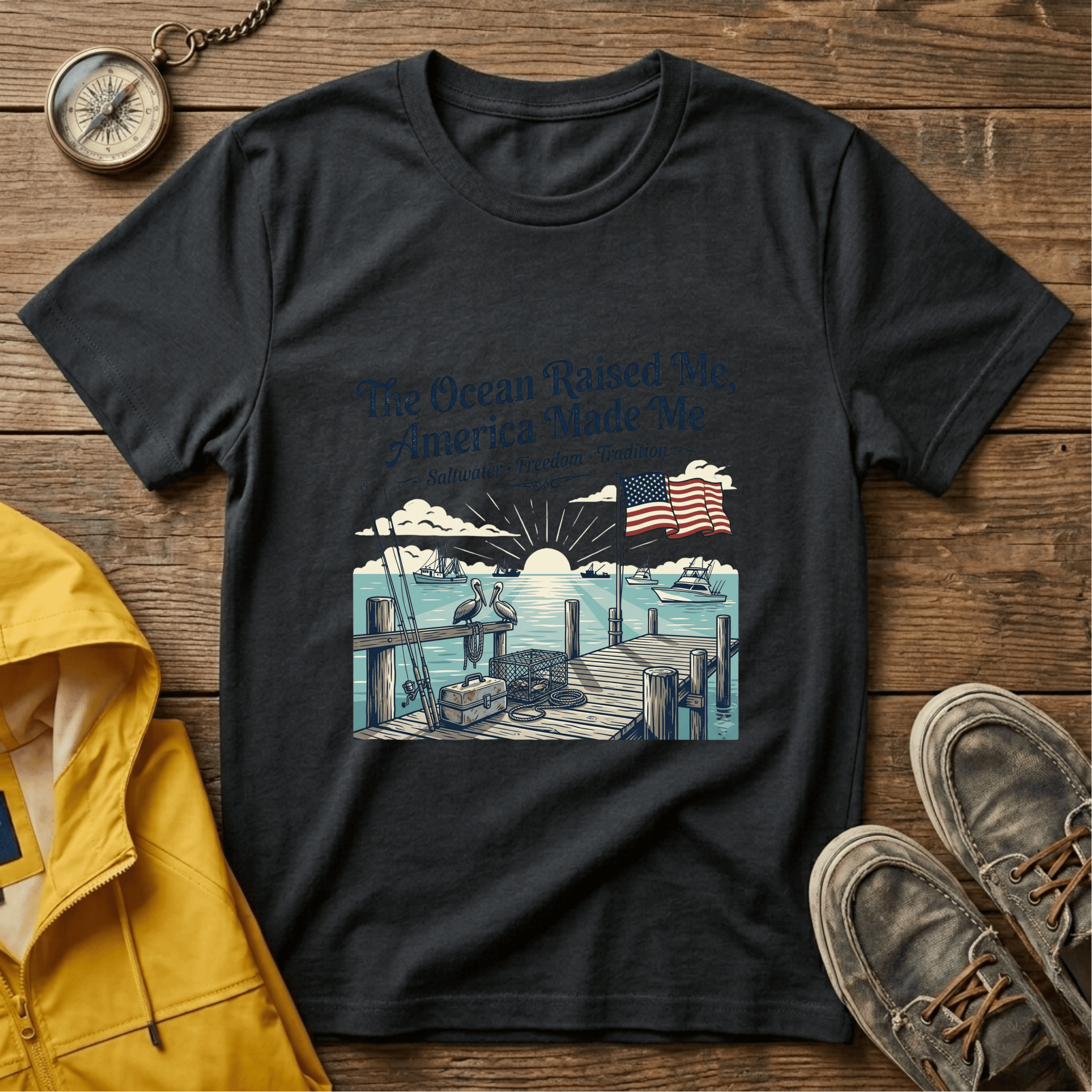 The Ocean Raised Me, America Made Me T-Shirt – Patriotic Coastal Crew Tee