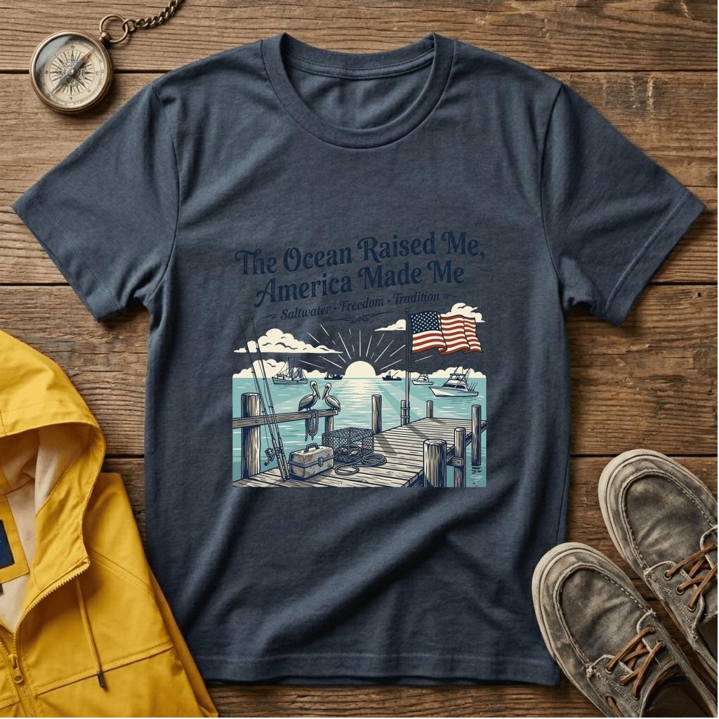 The Ocean Raised Me, America Made Me T-Shirt – Patriotic Coastal Crew Tee