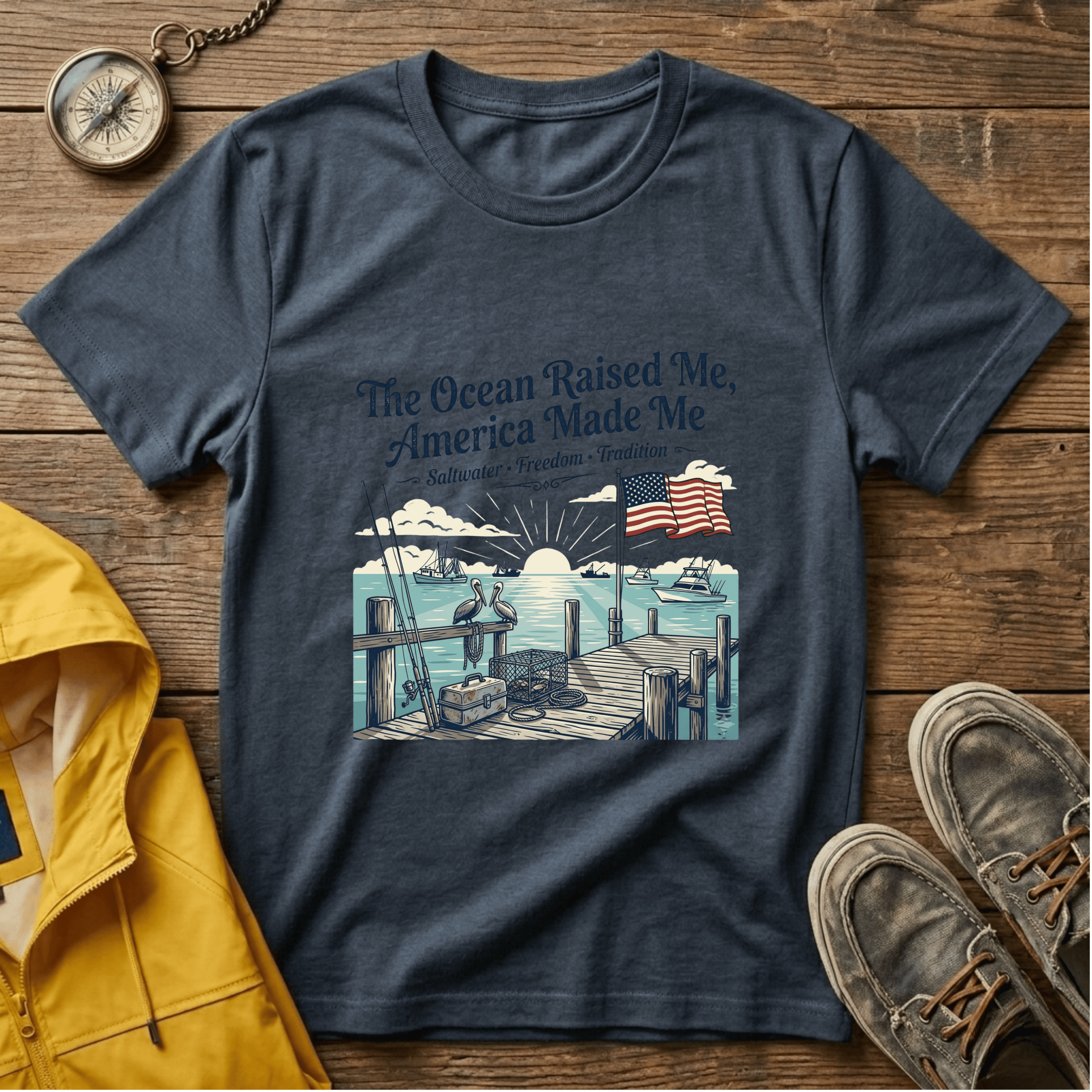 The Ocean Raised Me, America Made Me T-Shirt – Patriotic Coastal Crew Tee