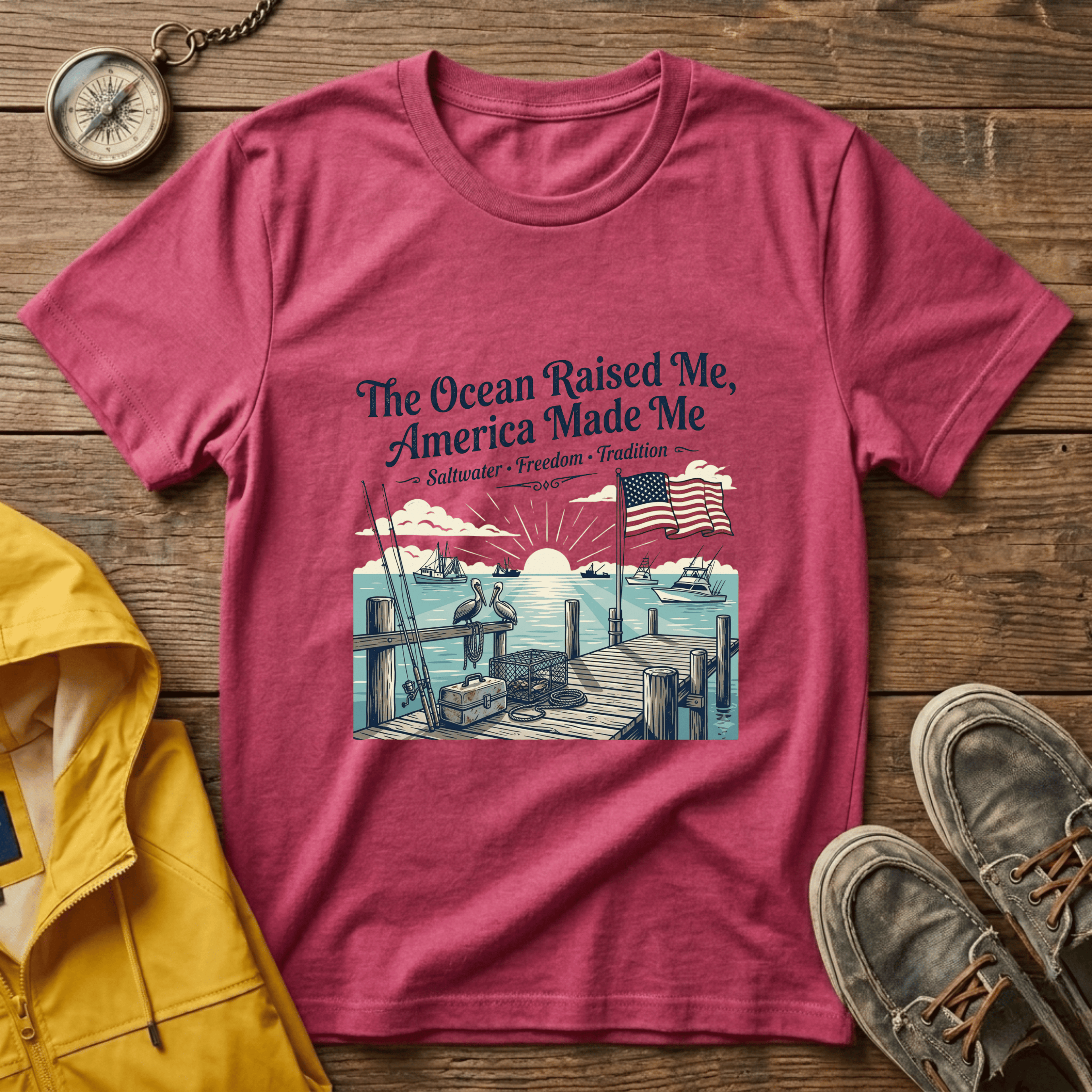 The Ocean Raised Me, America Made Me T-Shirt – Patriotic Coastal Crew Tee