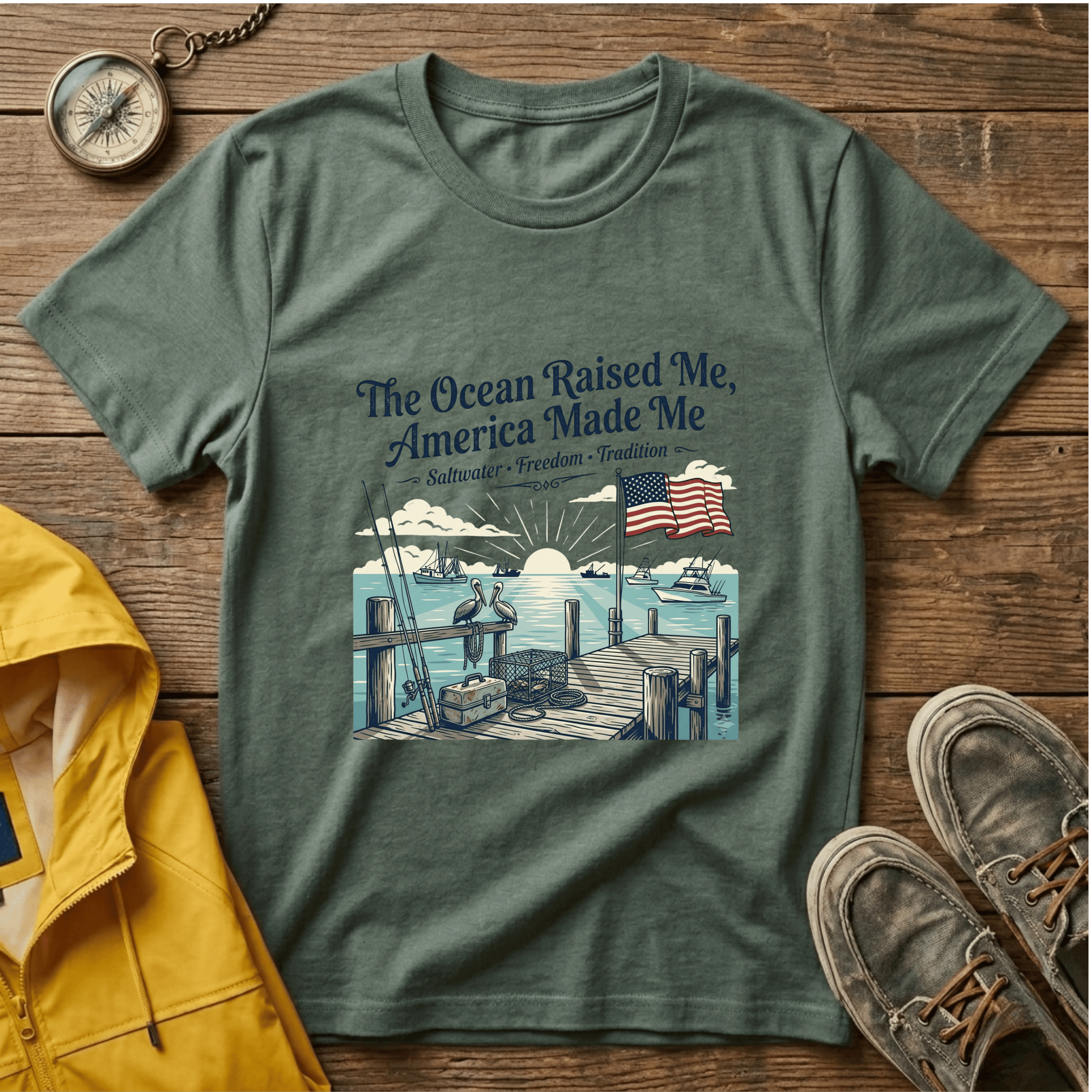 The Ocean Raised Me, America Made Me T-Shirt – Patriotic Coastal Crew Tee
