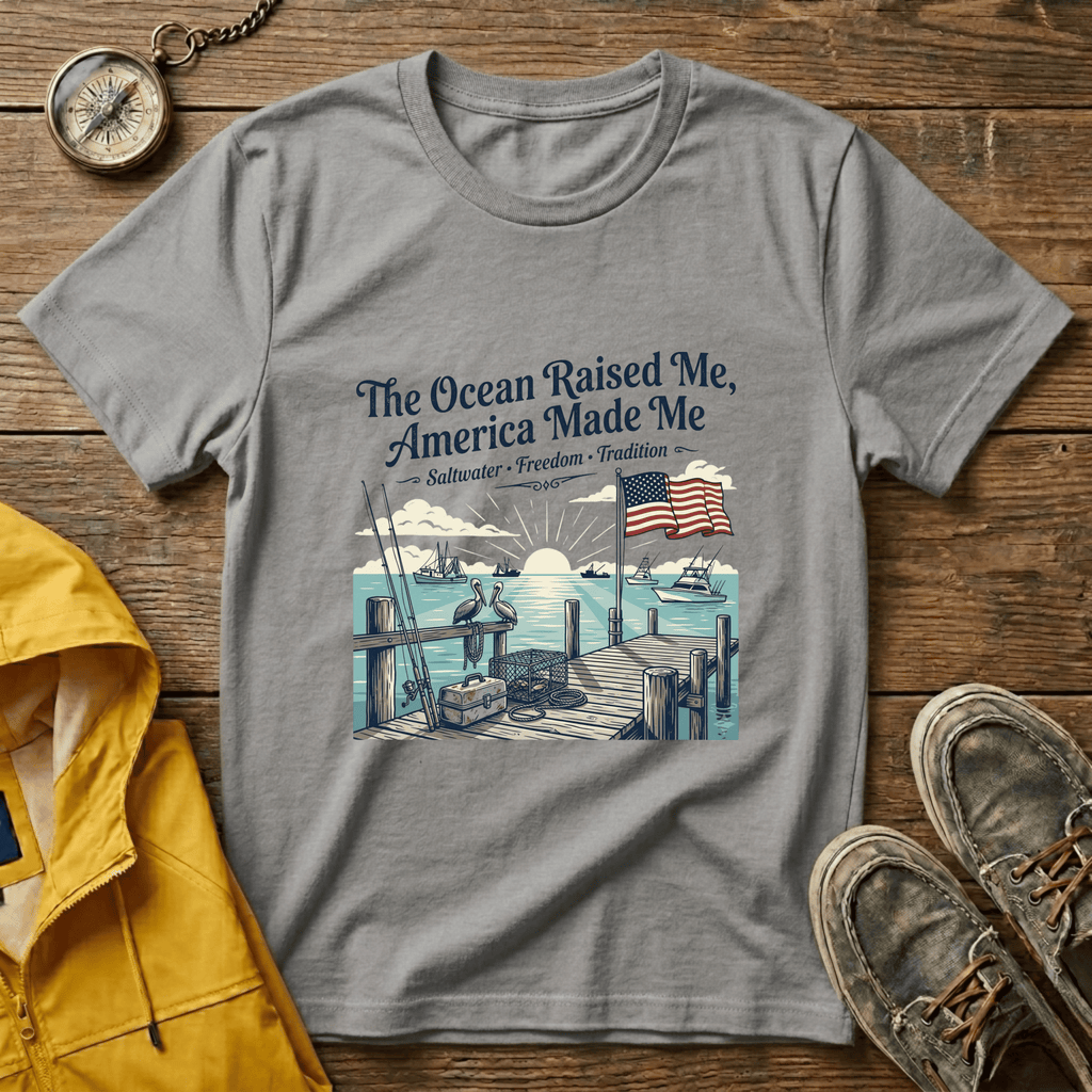 The Ocean Raised Me, America Made Me T-Shirt – Patriotic Coastal Crew Tee