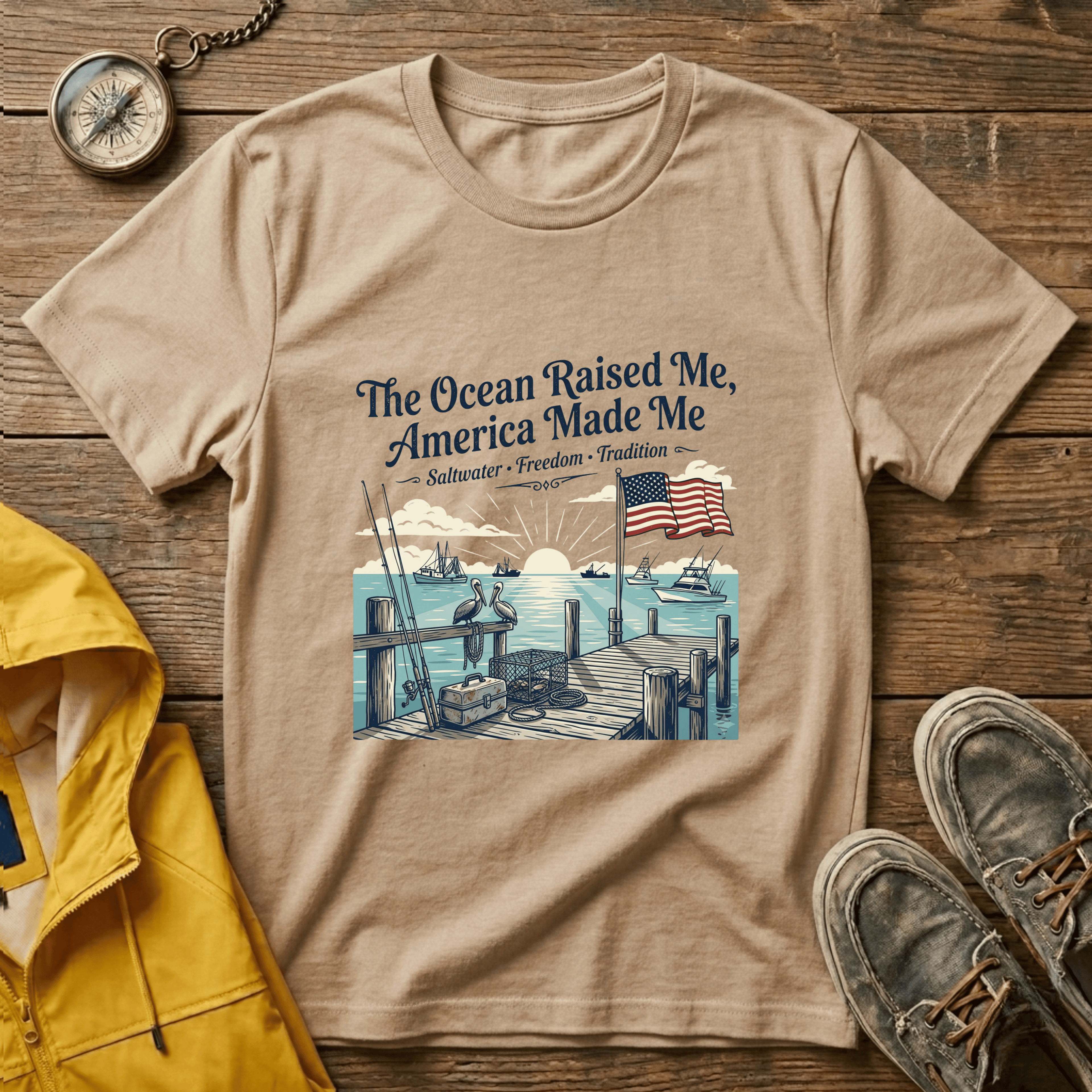 The Ocean Raised Me, America Made Me T-Shirt – Patriotic Coastal Crew Tee