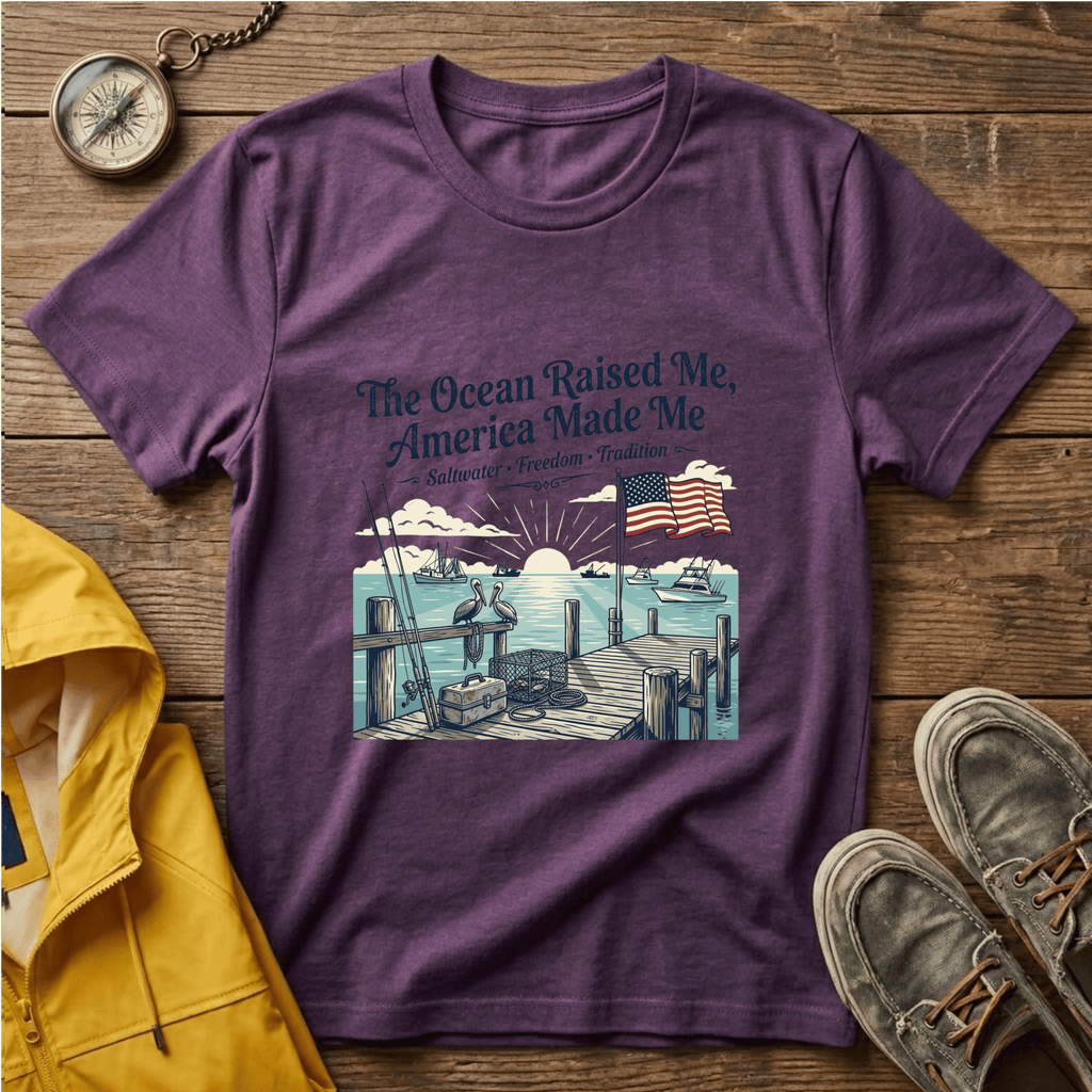 The Ocean Raised Me, America Made Me T-Shirt – Patriotic Coastal Crew Tee