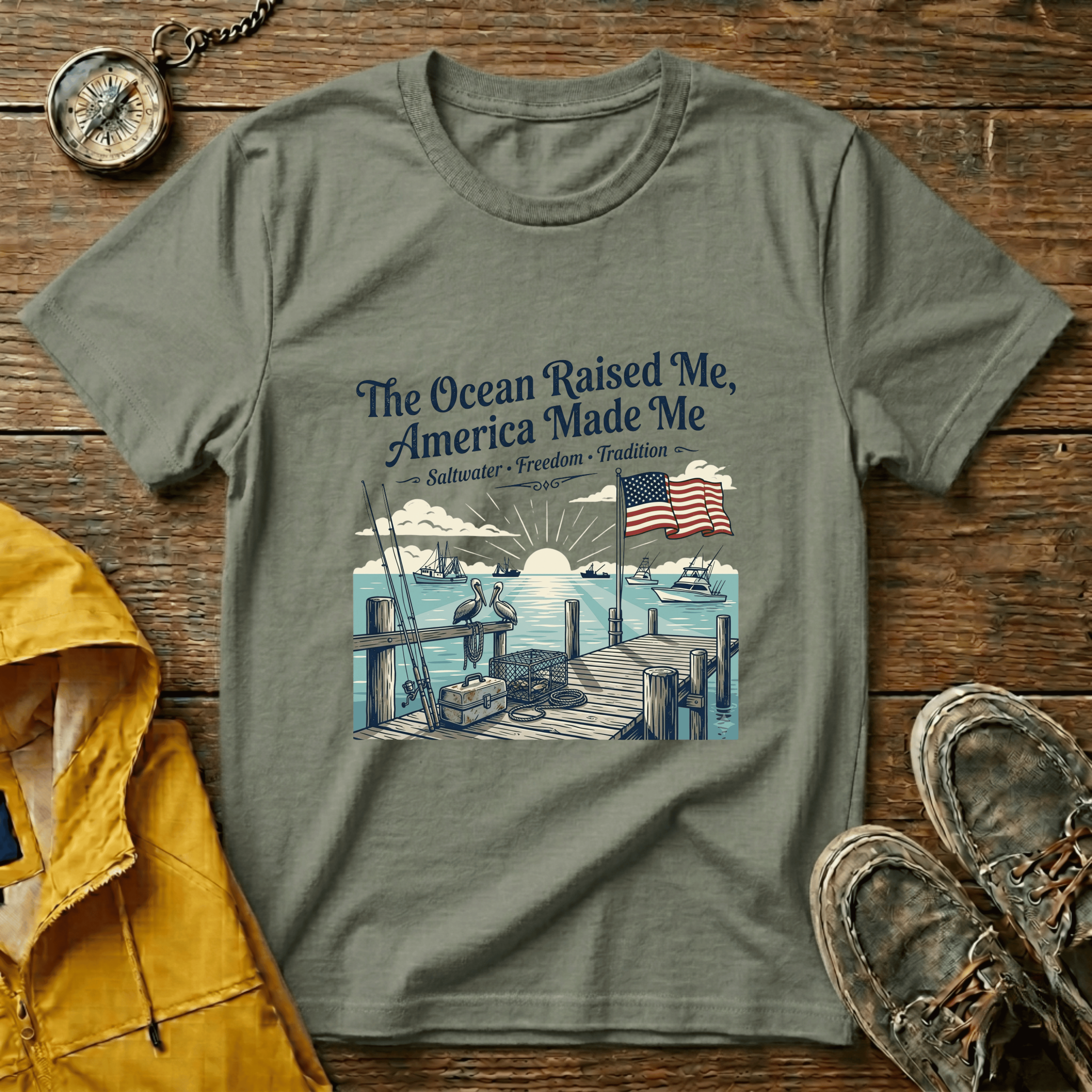 The Ocean Raised Me, America Made Me T-Shirt – Patriotic Coastal Crew Tee