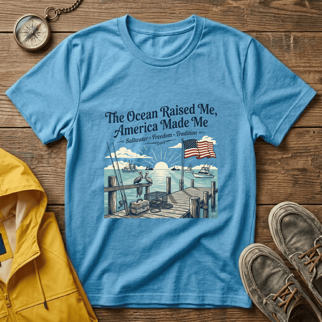 The Ocean Raised Me, America Made Me T-Shirt – Patriotic Coastal Crew Tee