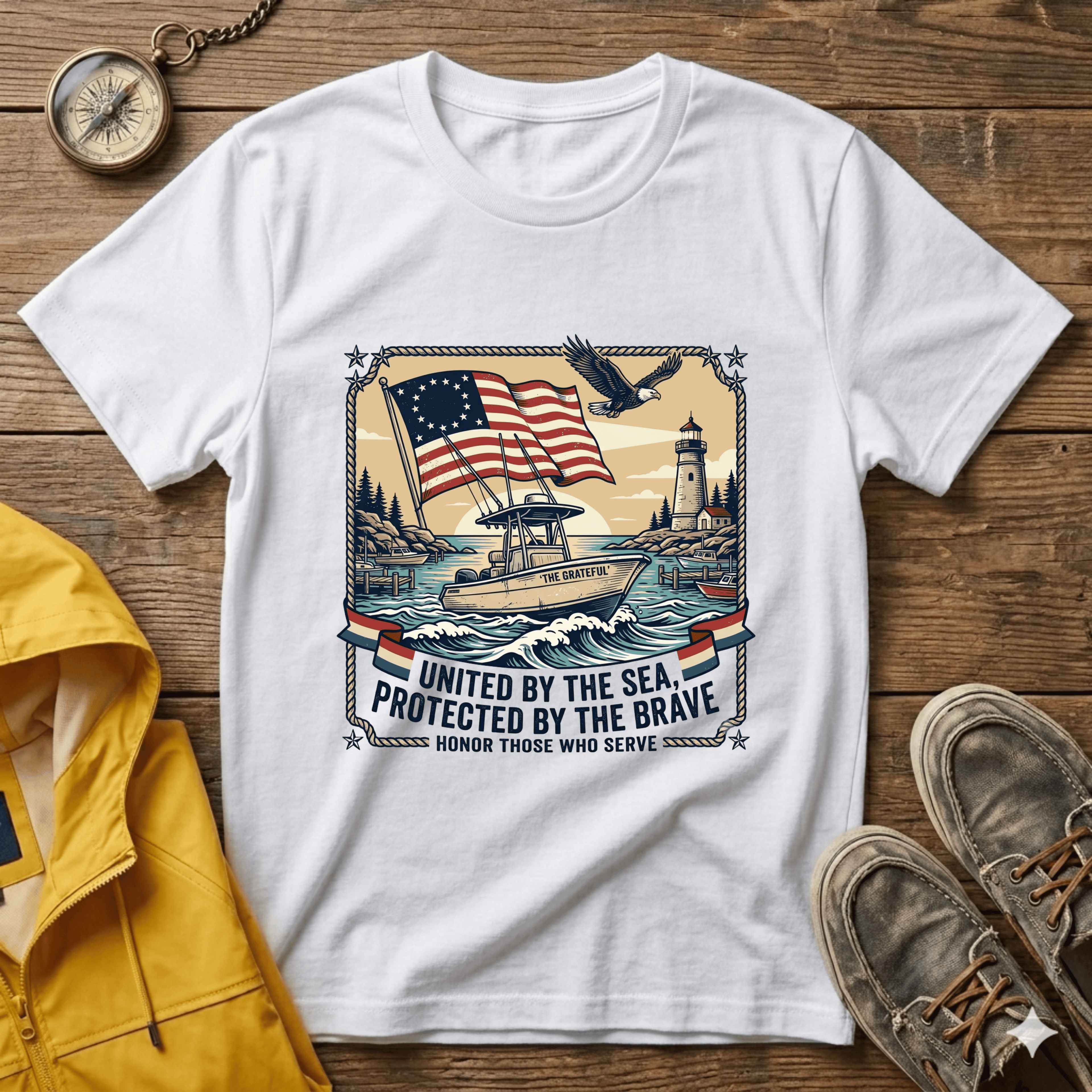 Patriotic Lighthouse T-Shirt — "United by the Sea, Protected by the Brave"