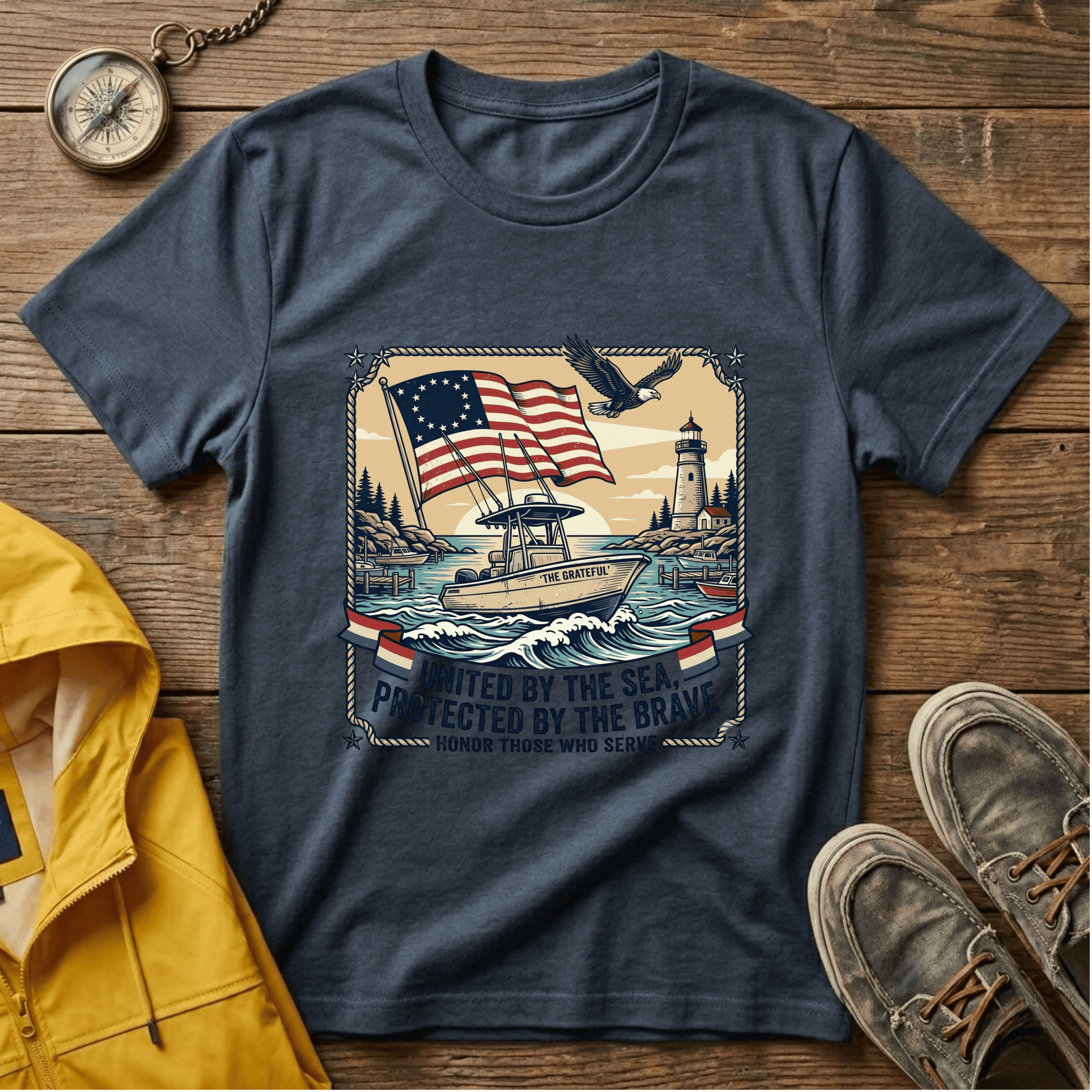 Patriotic Lighthouse T-Shirt — "United by the Sea, Protected by the Brave"