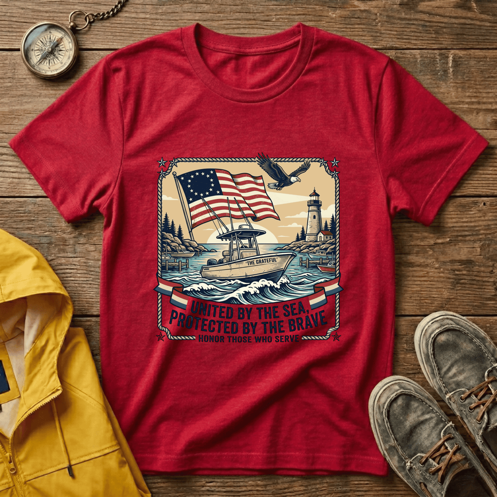 Patriotic Lighthouse T-Shirt — "United by the Sea, Protected by the Brave"