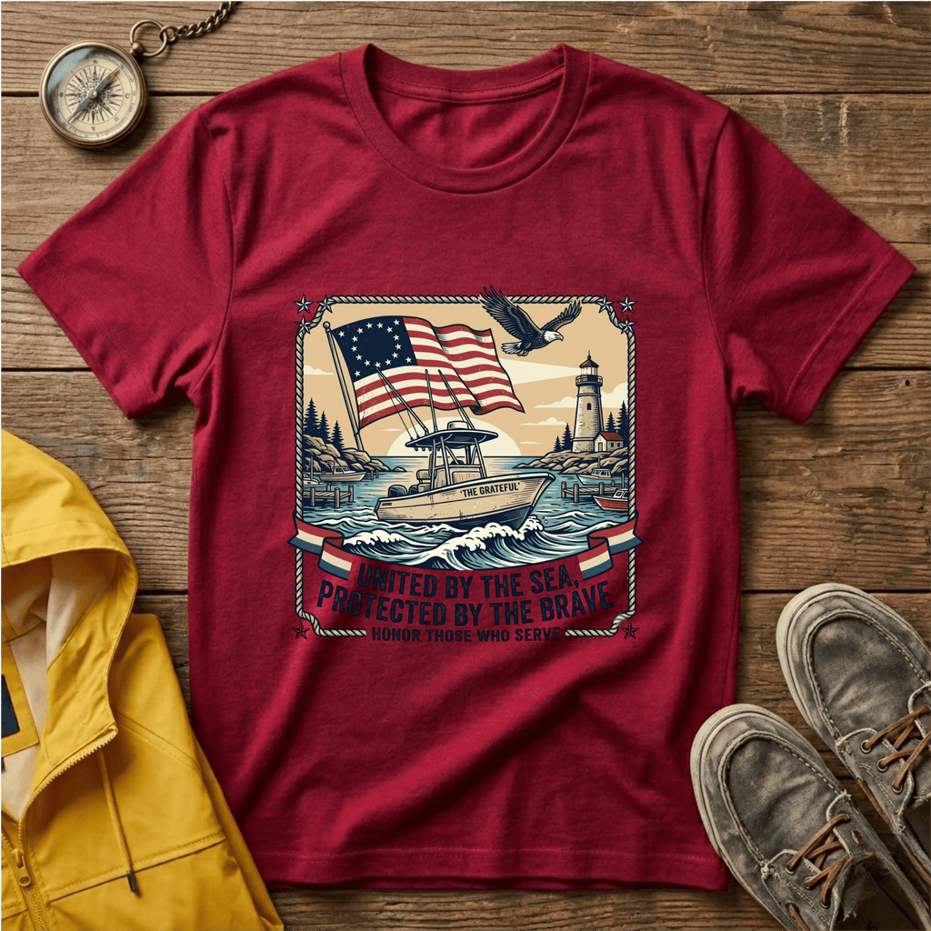 Patriotic Lighthouse T-Shirt — "United by the Sea, Protected by the Brave"