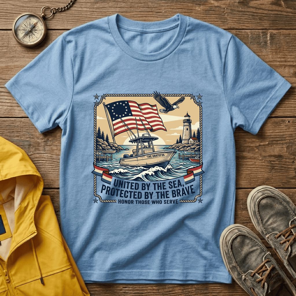 Patriotic Lighthouse T-Shirt — "United by the Sea, Protected by the Brave"