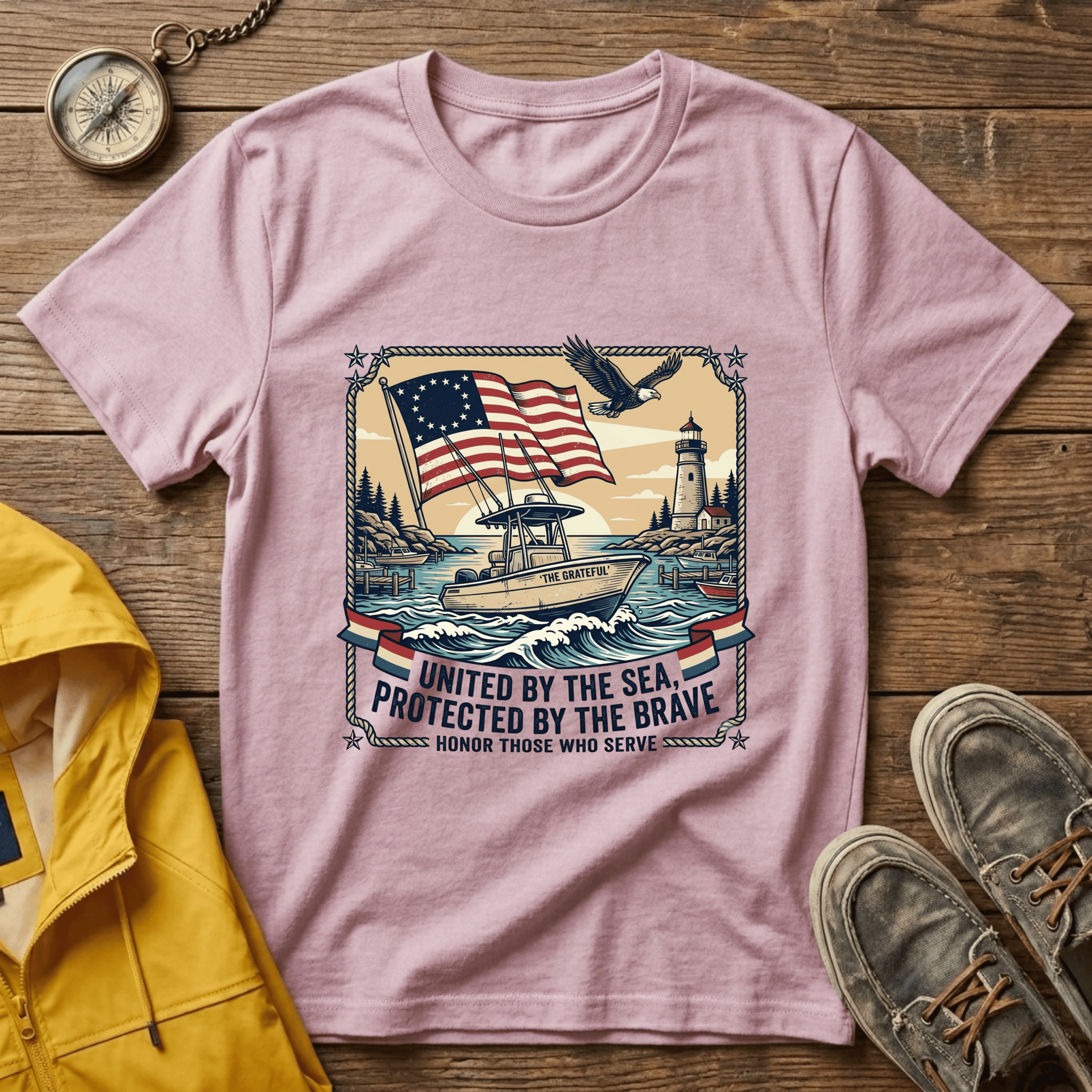 Patriotic Lighthouse T-Shirt — "United by the Sea, Protected by the Brave"