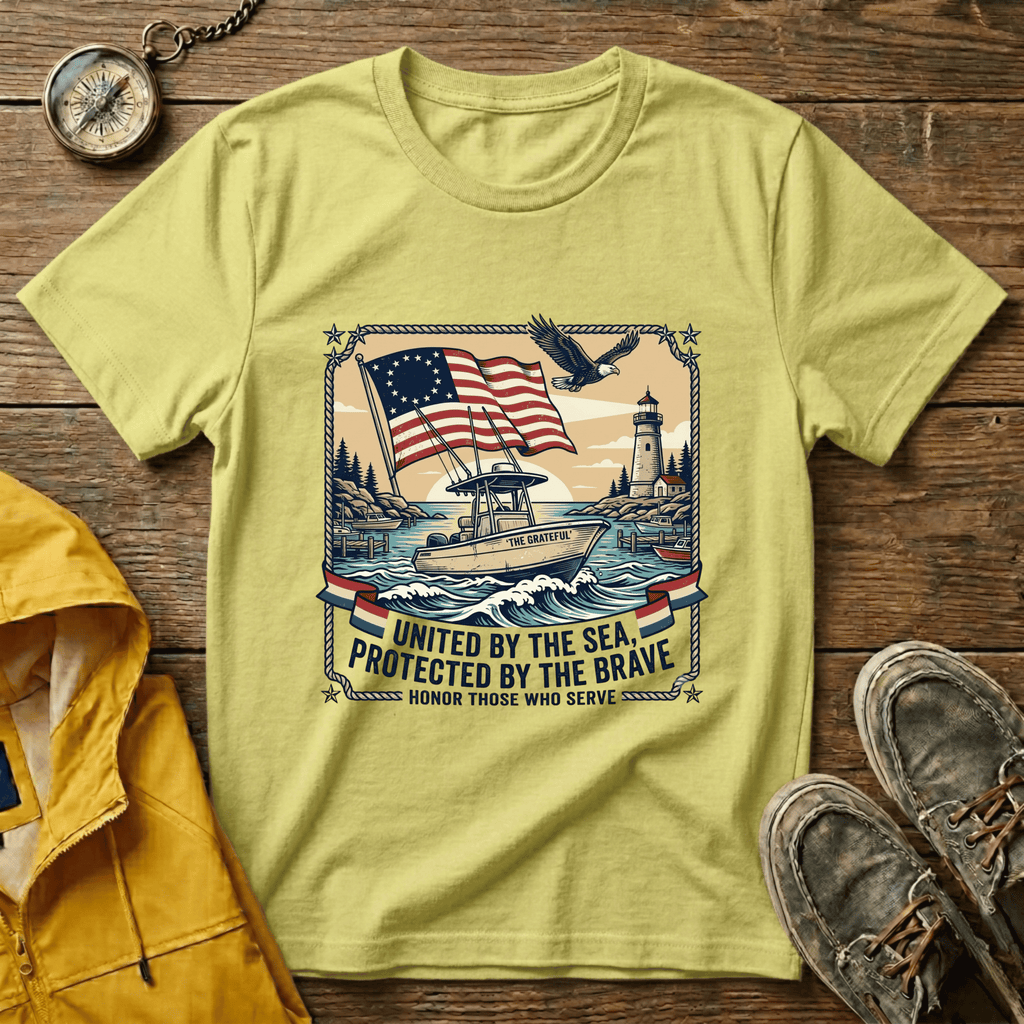 Patriotic Lighthouse T-Shirt — "United by the Sea, Protected by the Brave"