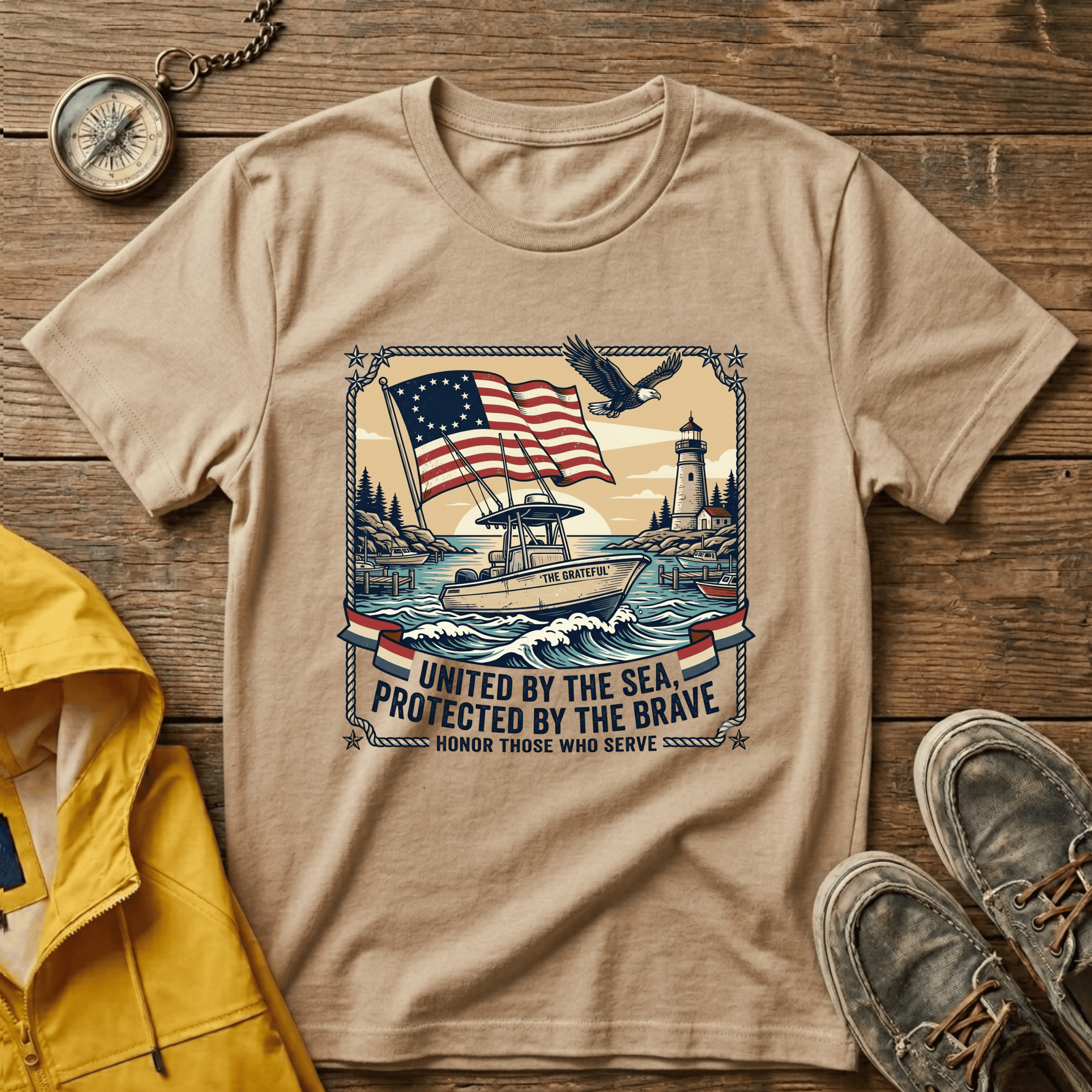 Patriotic Lighthouse T-Shirt — "United by the Sea, Protected by the Brave"