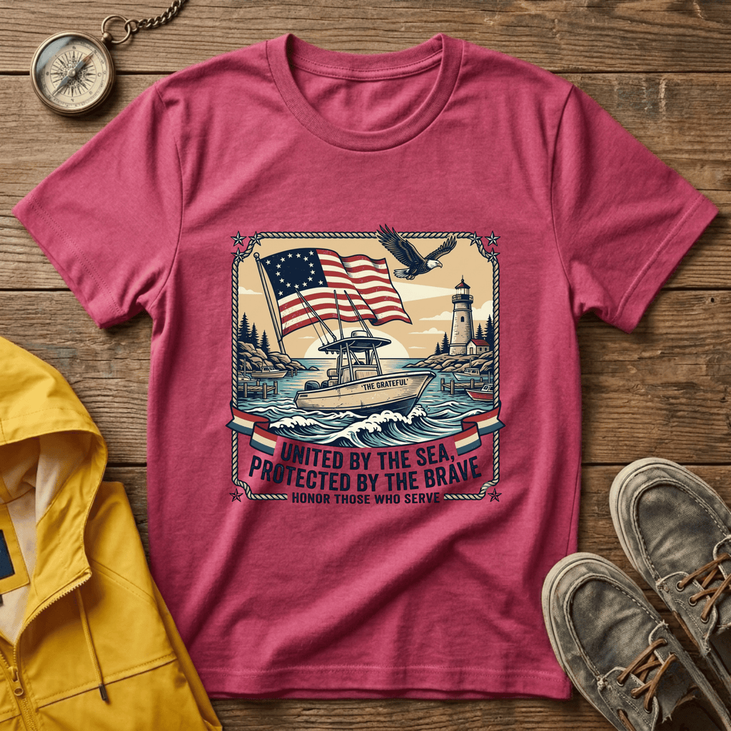 Patriotic Lighthouse T-Shirt — "United by the Sea, Protected by the Brave"