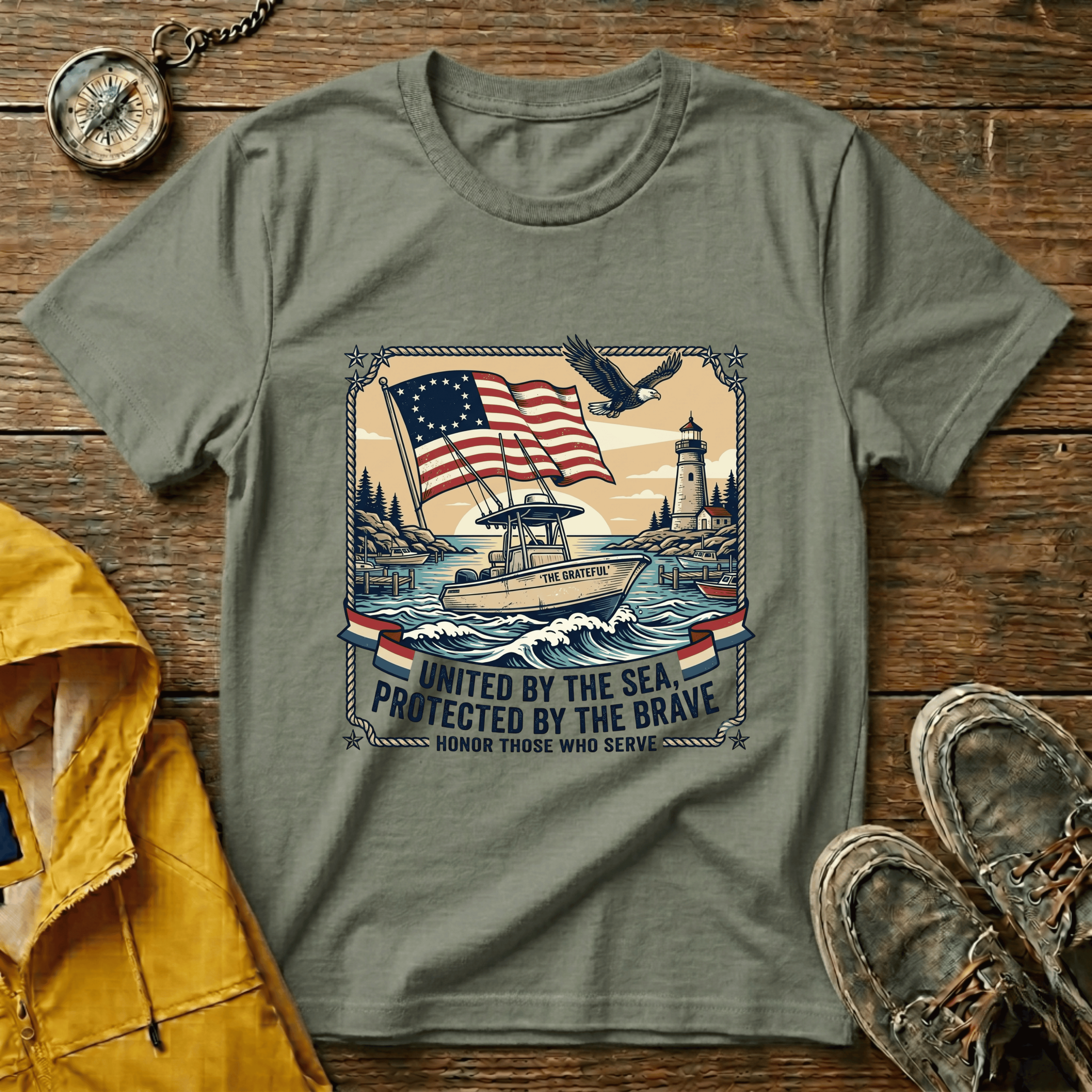 Patriotic Lighthouse T-Shirt — "United by the Sea, Protected by the Brave"