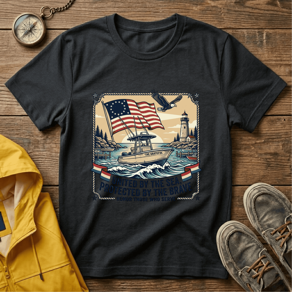 Patriotic Lighthouse T-Shirt — "United by the Sea, Protected by the Brave"