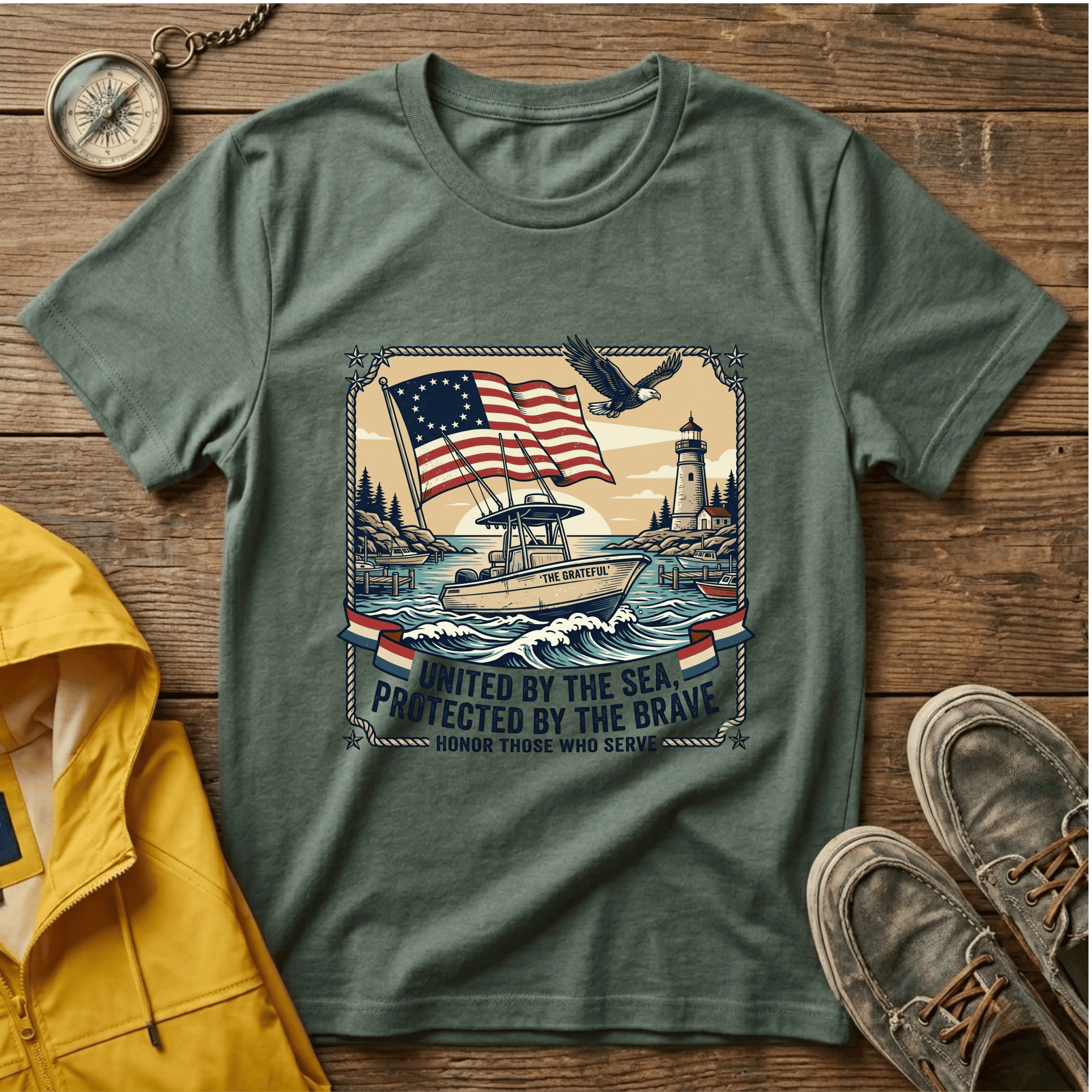 Patriotic Lighthouse T-Shirt — "United by the Sea, Protected by the Brave"