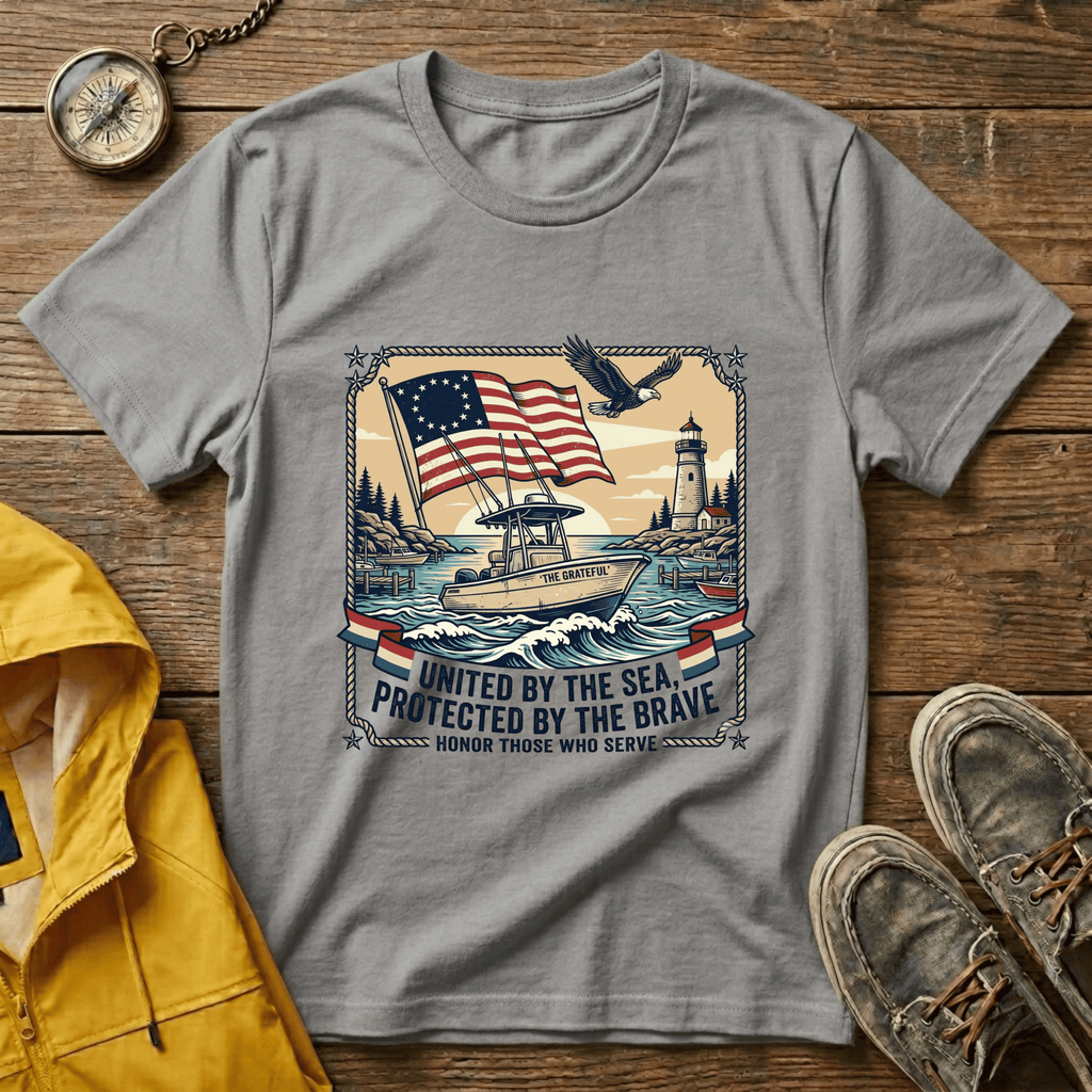 Patriotic Lighthouse T-Shirt — "United by the Sea, Protected by the Brave"
