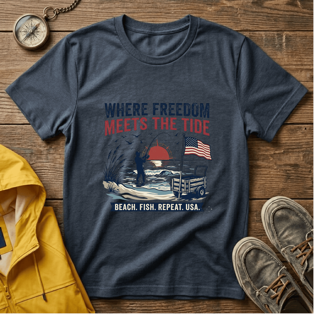 Where Freedom Meets the Tide T-Shirt — Patriotic Beach Fishing Graphic Tee