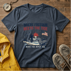 Where Freedom Meets the Tide T-Shirt — Patriotic Beach Fishing Graphic Tee