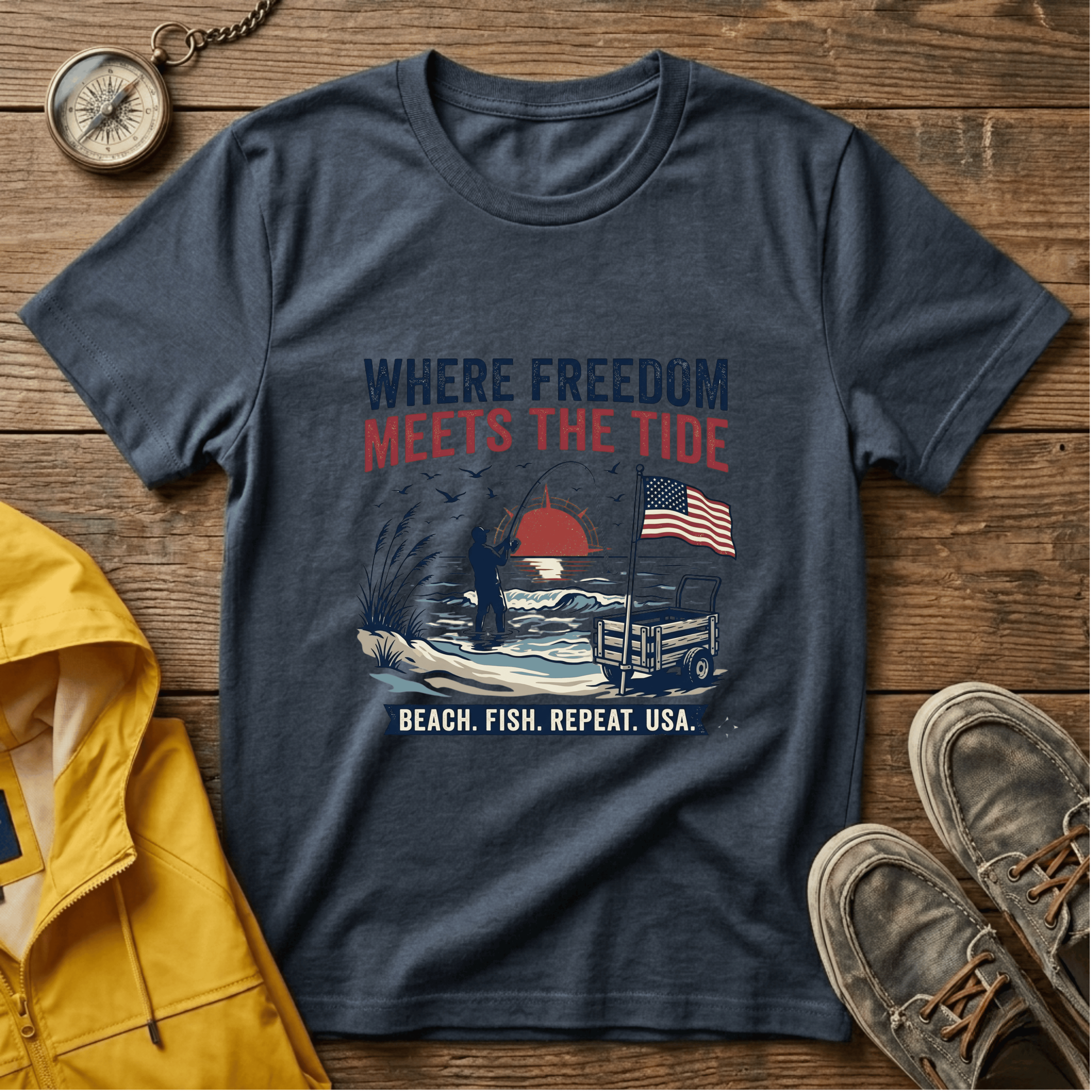 Where Freedom Meets the Tide T-Shirt — Patriotic Beach Fishing Graphic Tee