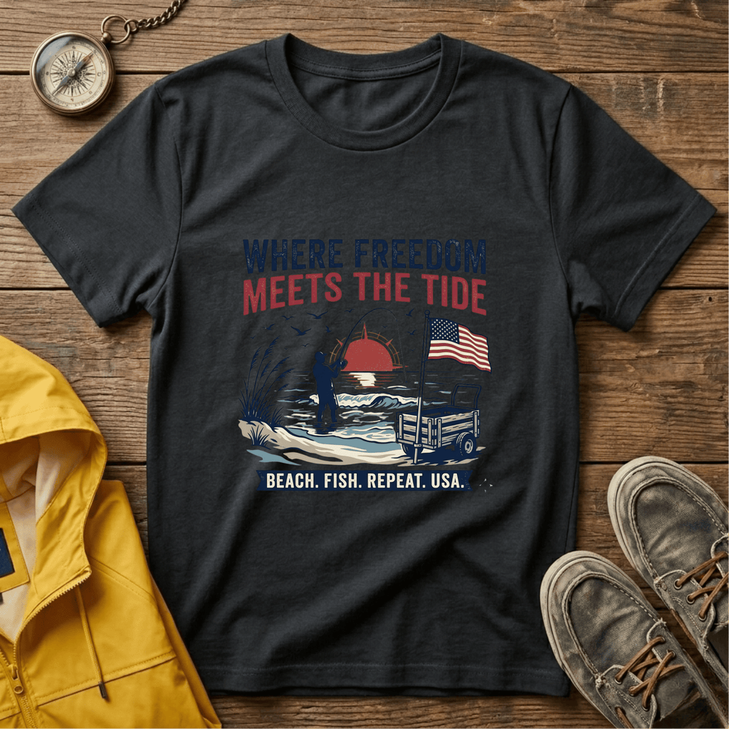 Where Freedom Meets the Tide T-Shirt — Patriotic Beach Fishing Graphic Tee
