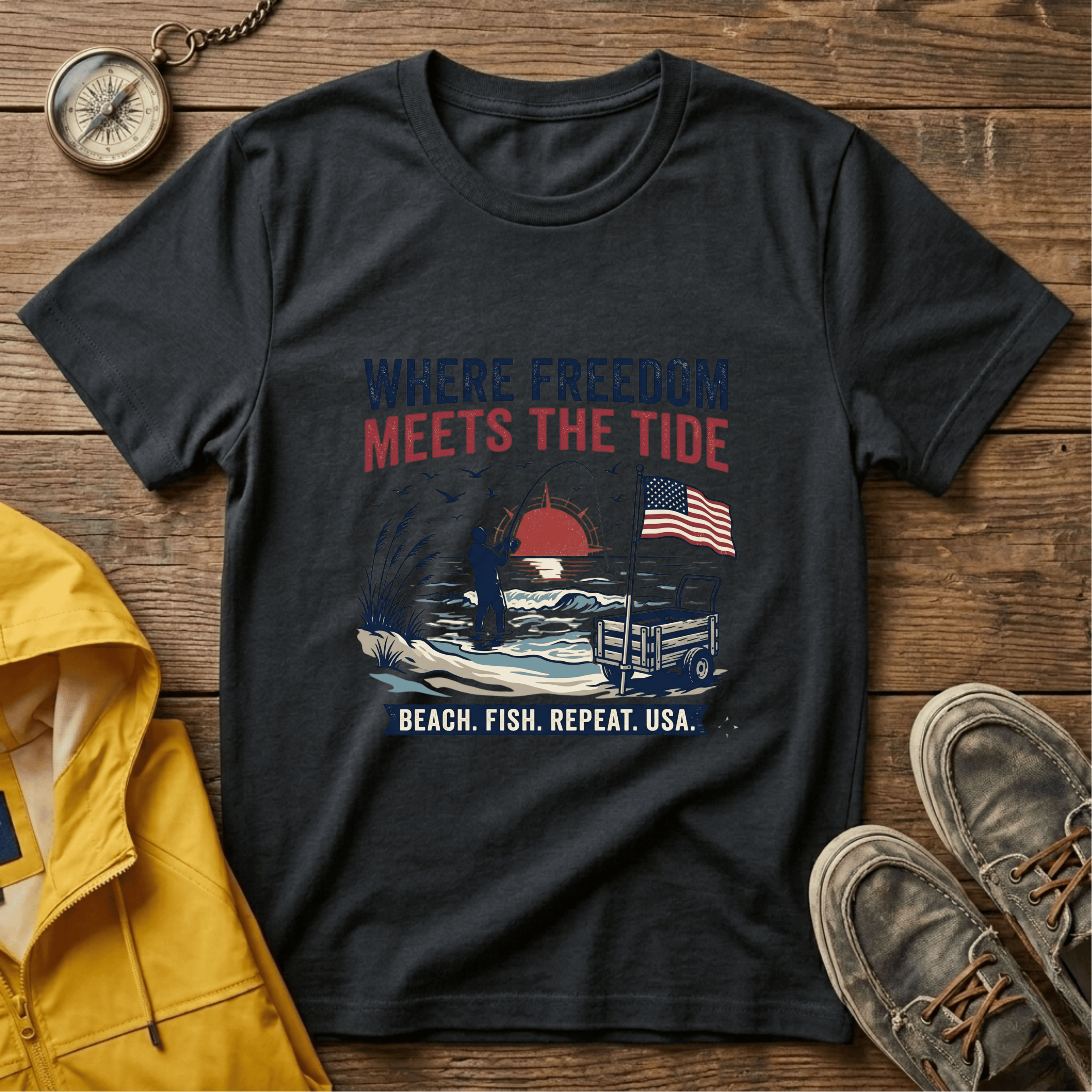 Where Freedom Meets the Tide T-Shirt — Patriotic Beach Fishing Graphic Tee