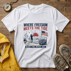 Where Freedom Meets the Tide T-Shirt — Patriotic Beach Fishing Graphic Tee