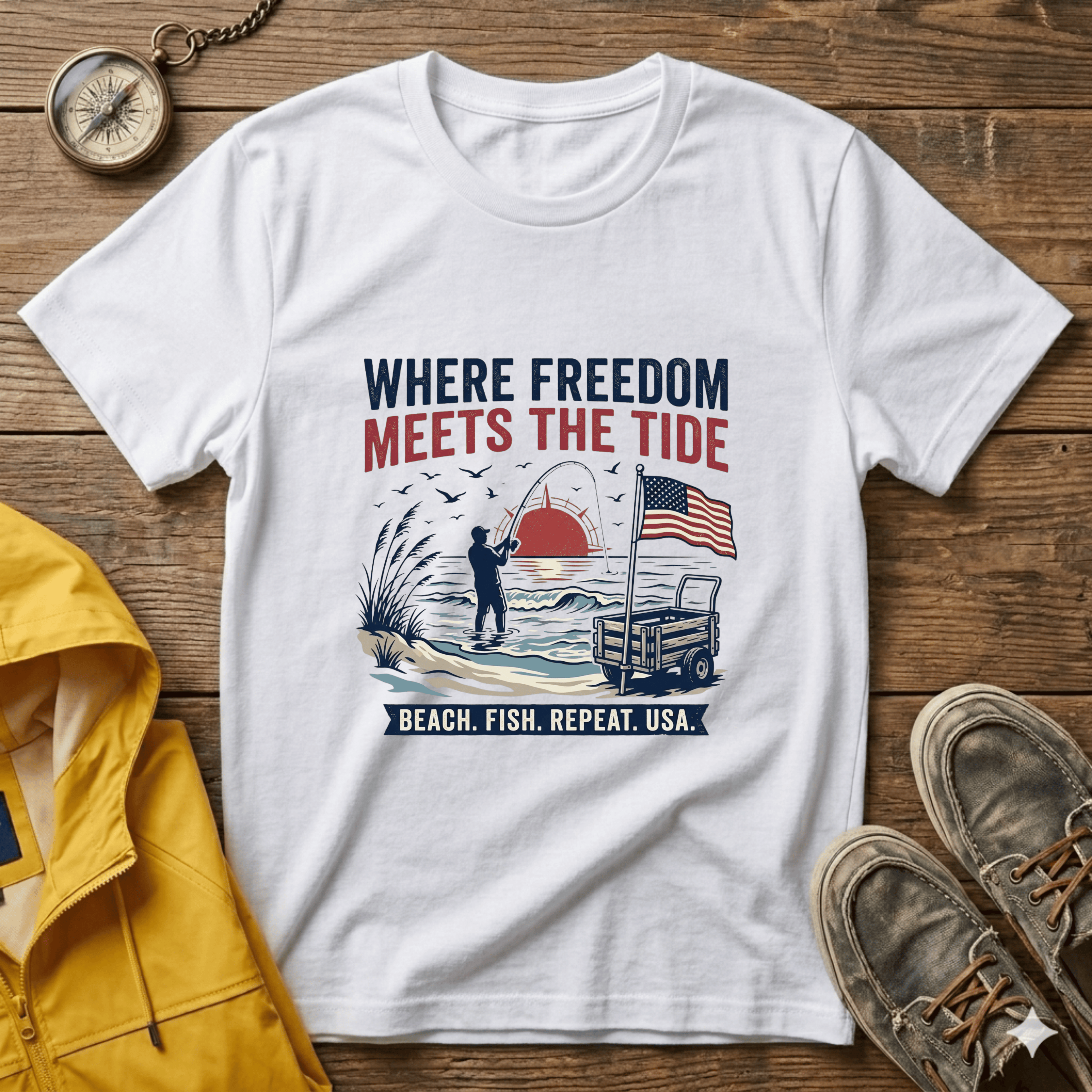 Where Freedom Meets the Tide T-Shirt — Patriotic Beach Fishing Graphic Tee