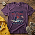 Where Freedom Meets the Tide T-Shirt — Patriotic Beach Fishing Graphic Tee